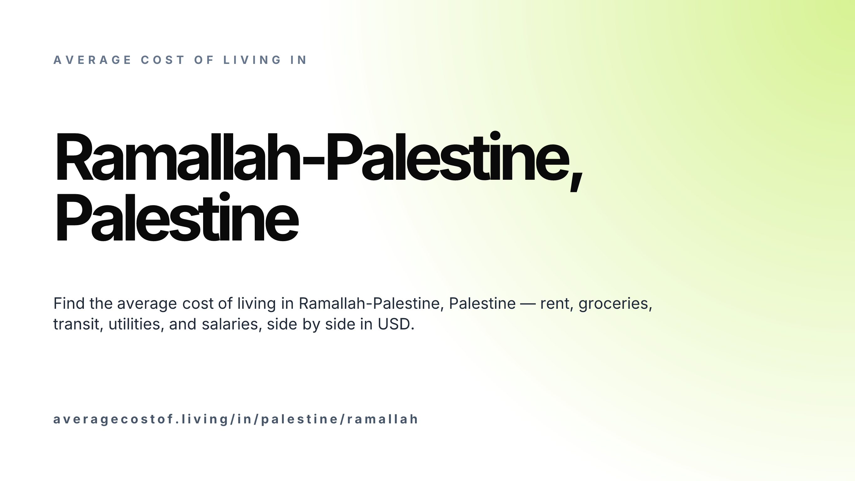 Cost of living in Ramallah-Palestine, Palestine — monthly rent, food, transport, utilities, and salary breakdown in USD.