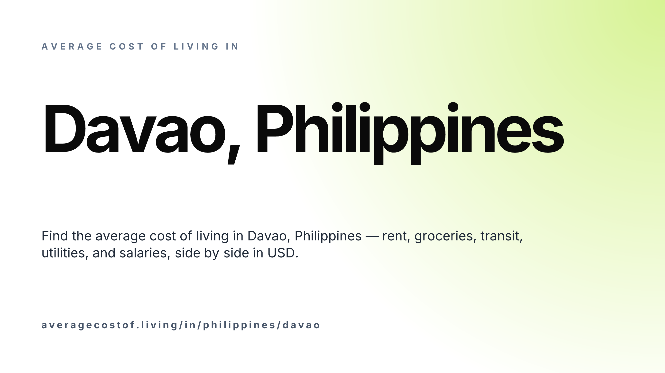 Cost of living in Davao, Philippines — monthly rent, food, transport, utilities, and salary breakdown in USD.