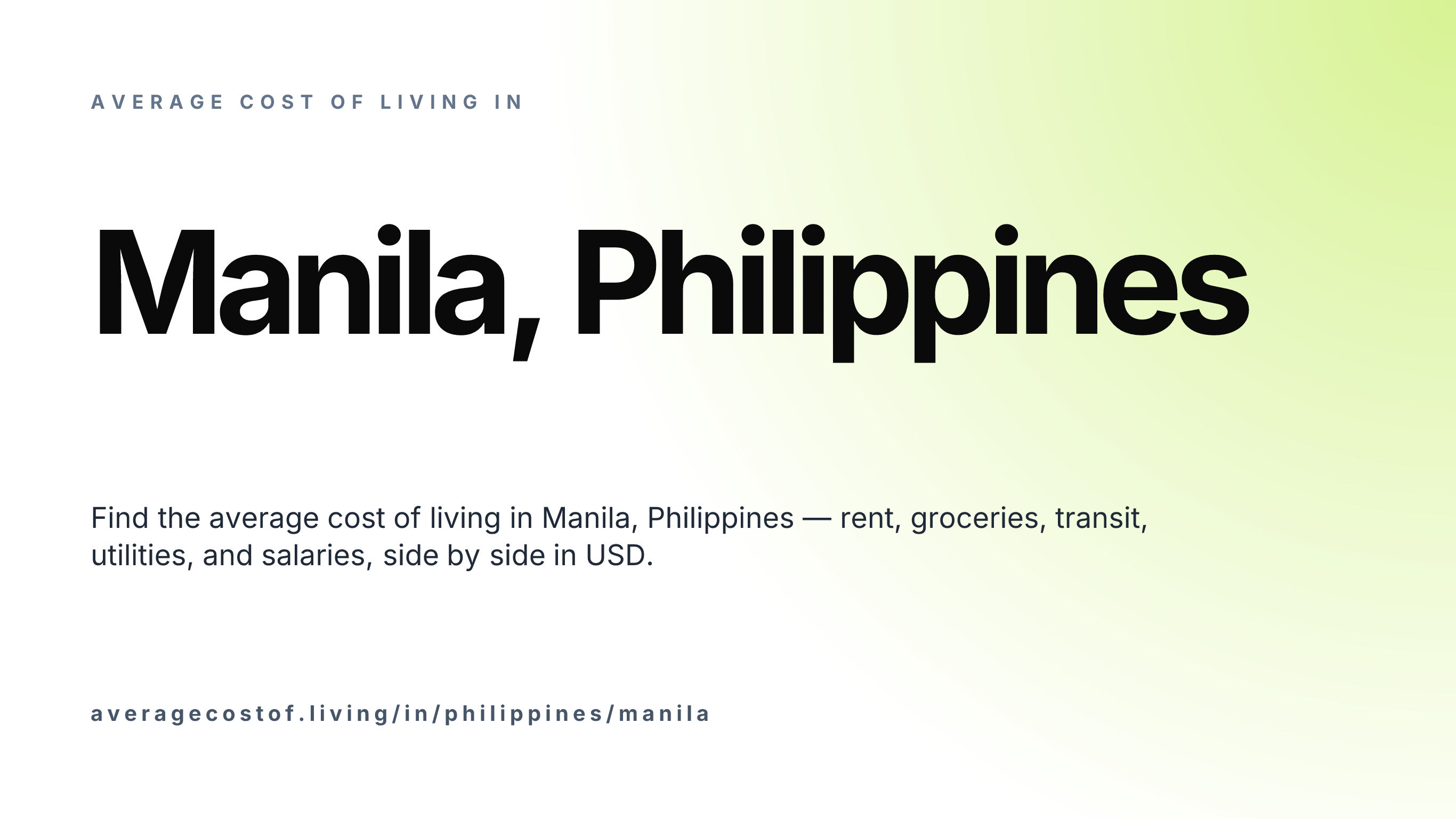 Cost of living in Manila, Philippines — monthly rent, food, transport, utilities, and salary breakdown in USD.