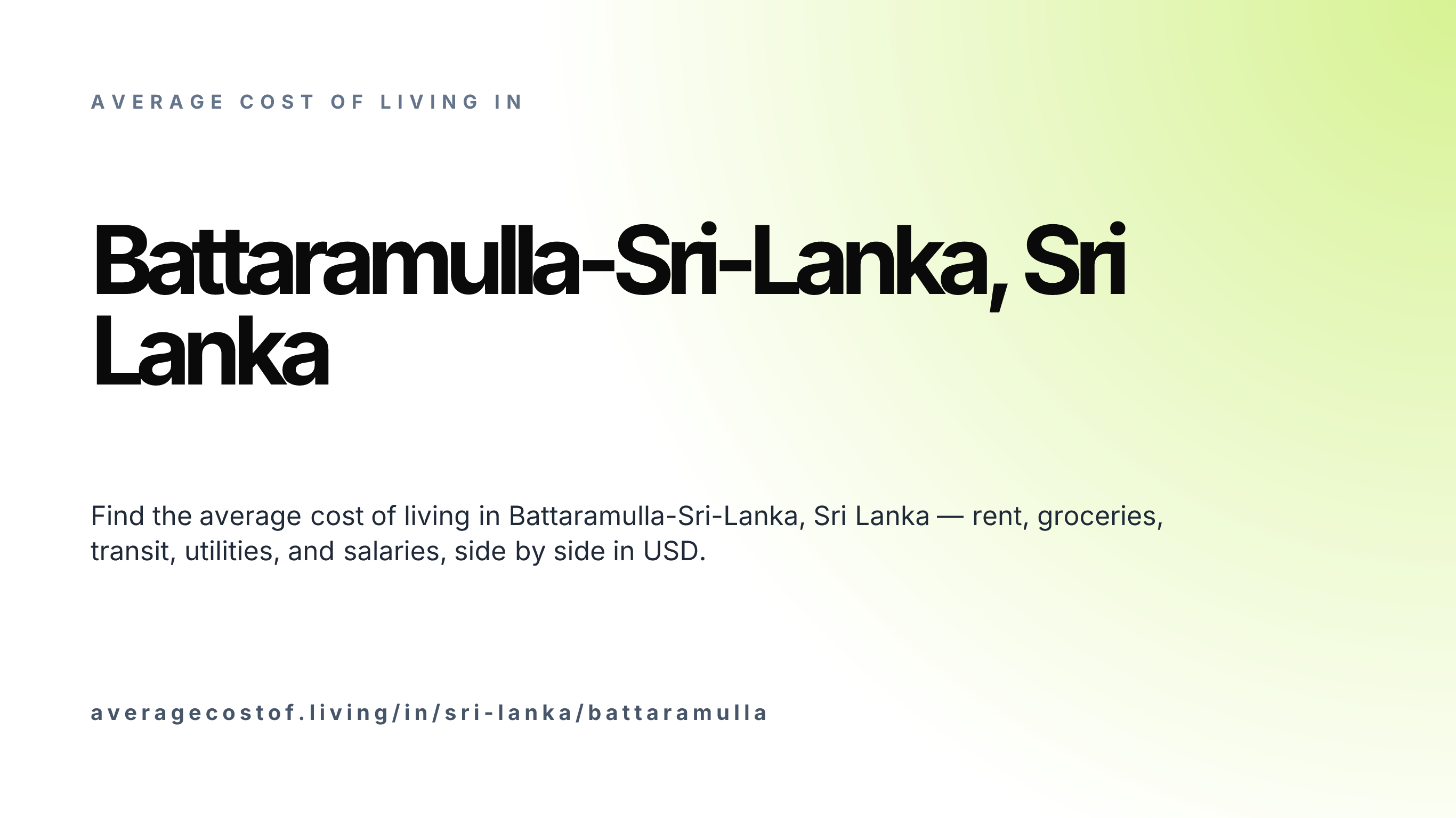 Cost of living in Battaramulla-Sri-Lanka, Sri Lanka — monthly rent, food, transport, utilities, and salary breakdown in USD.