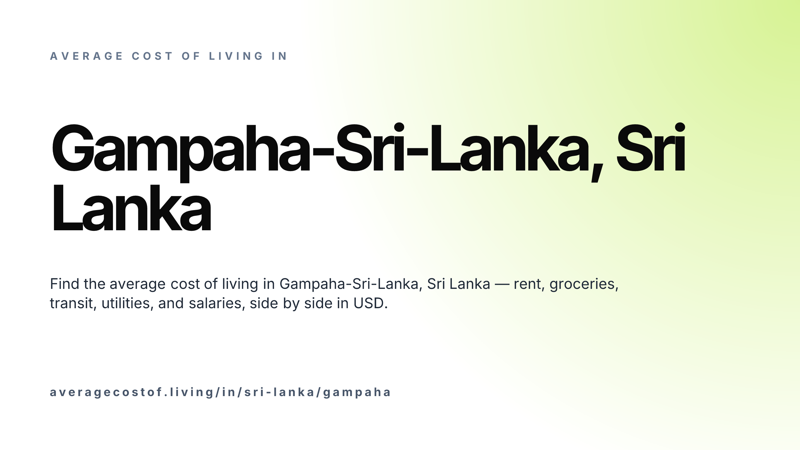 Cost of living in Gampaha-Sri-Lanka, Sri Lanka — monthly rent, food, transport, utilities, and salary breakdown in USD.