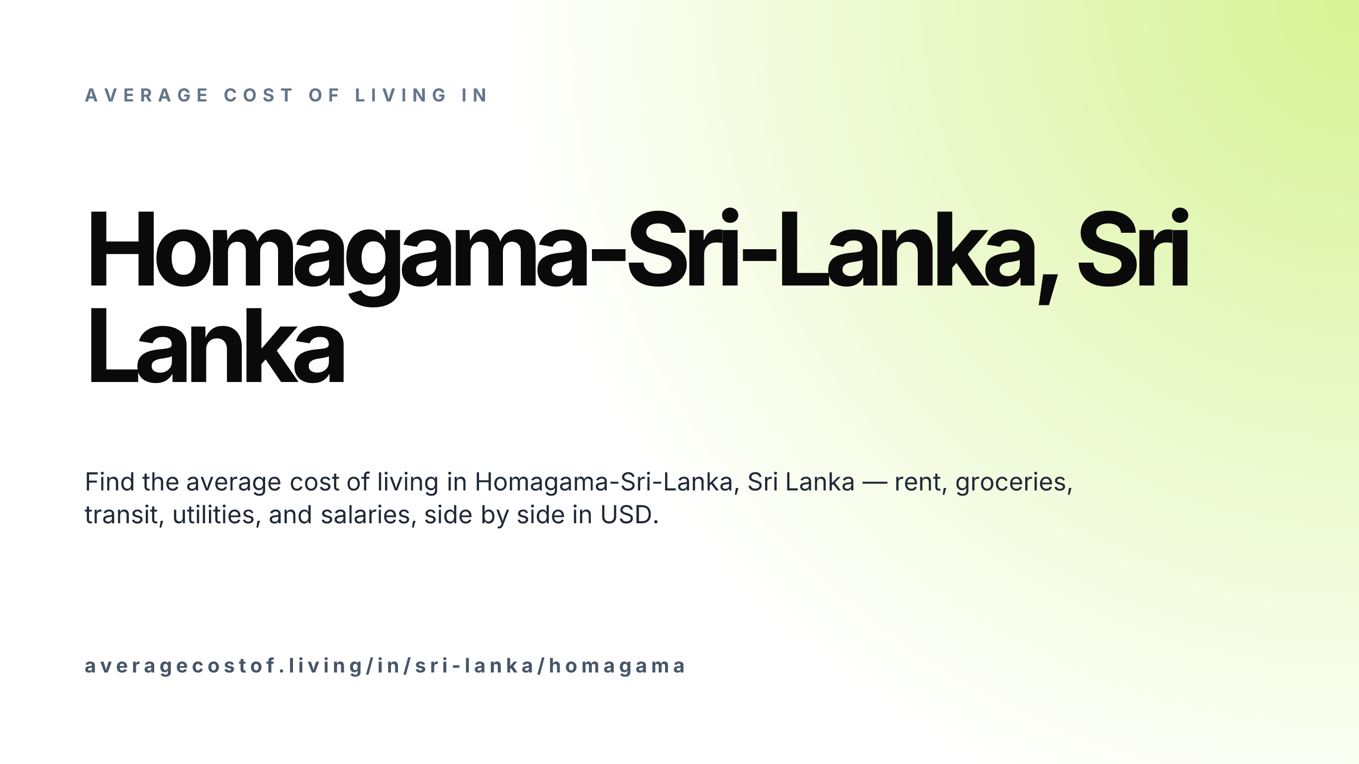 Cost of living in Homagama-Sri-Lanka, Sri Lanka — monthly rent, food, transport, utilities, and salary breakdown in USD.