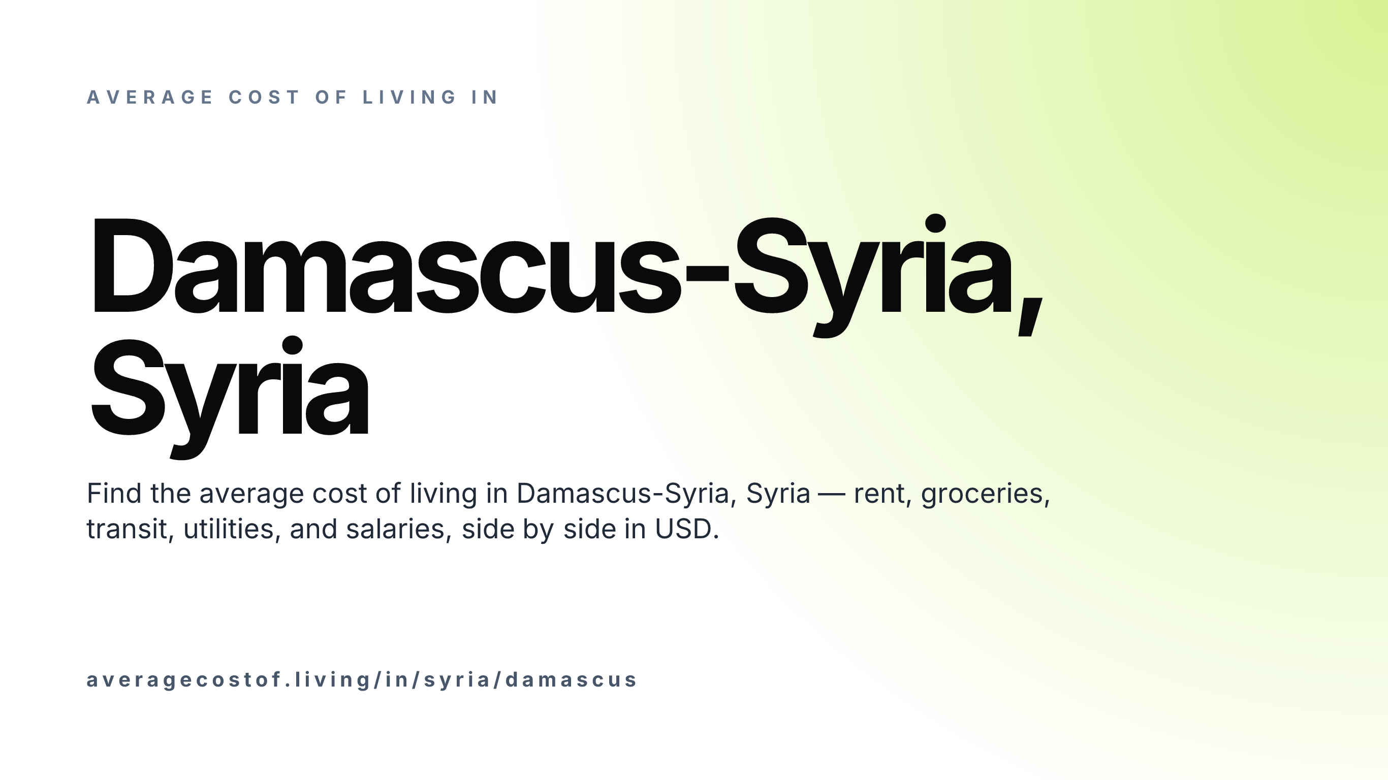 Cost of living in Damascus-Syria, Syria — monthly rent, food, transport, utilities, and salary breakdown in USD.