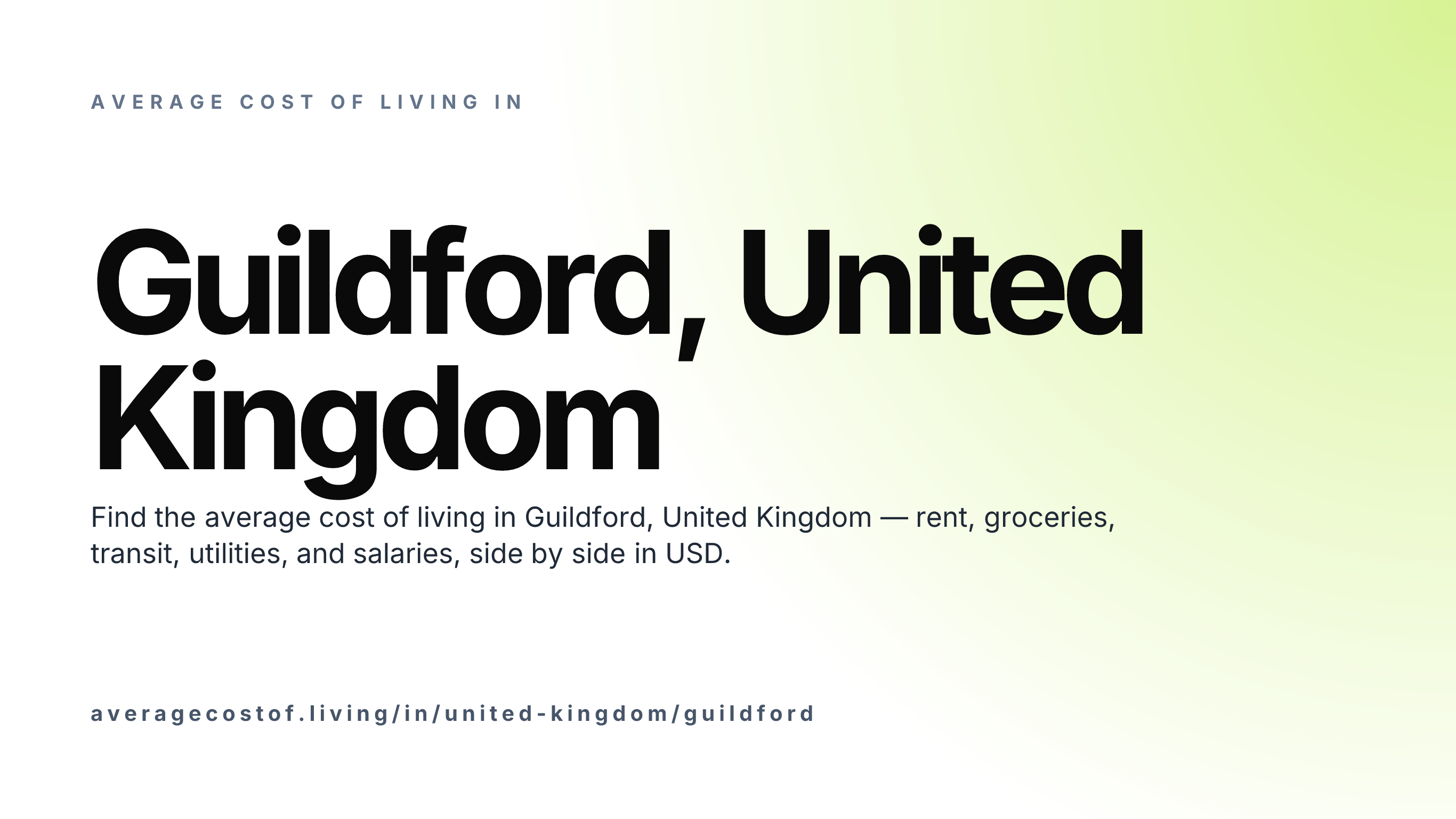 Cost of living in Guildford, United Kingdom — monthly rent, food, transport, utilities, and salary breakdown in USD.