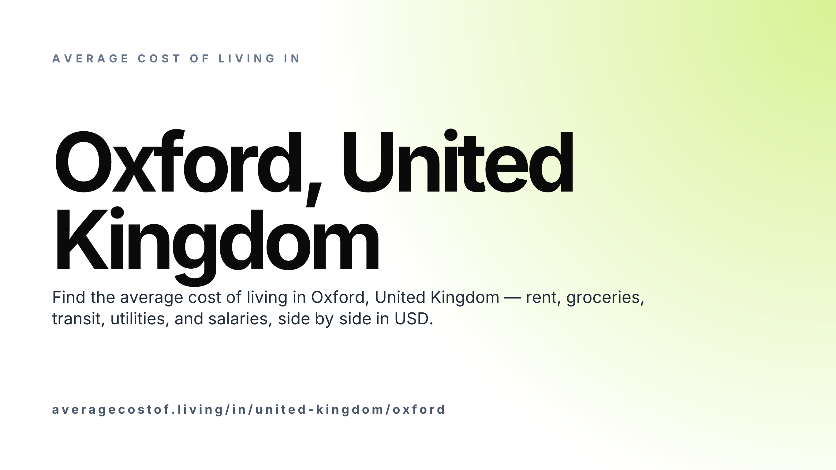 Cost of living in Oxford, United Kingdom — monthly rent, food, transport, utilities, and salary breakdown in USD.