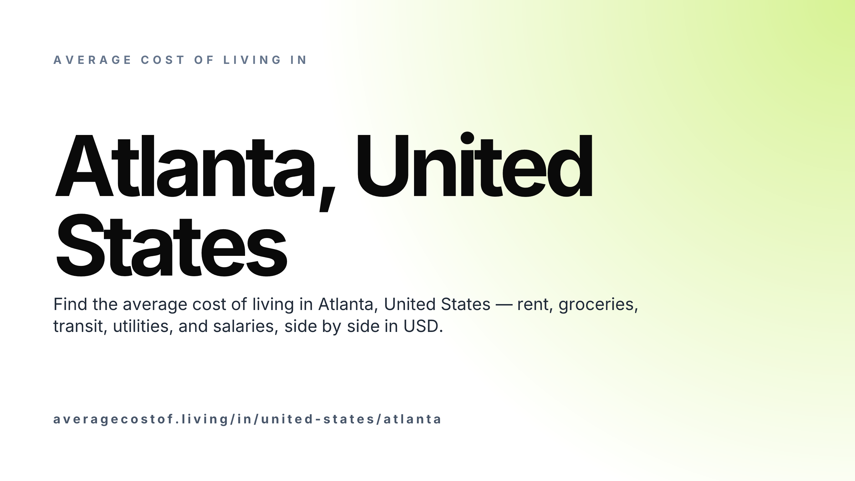 Cost of living in Atlanta, United States — monthly rent, food, transport, utilities, and salary breakdown in USD.
