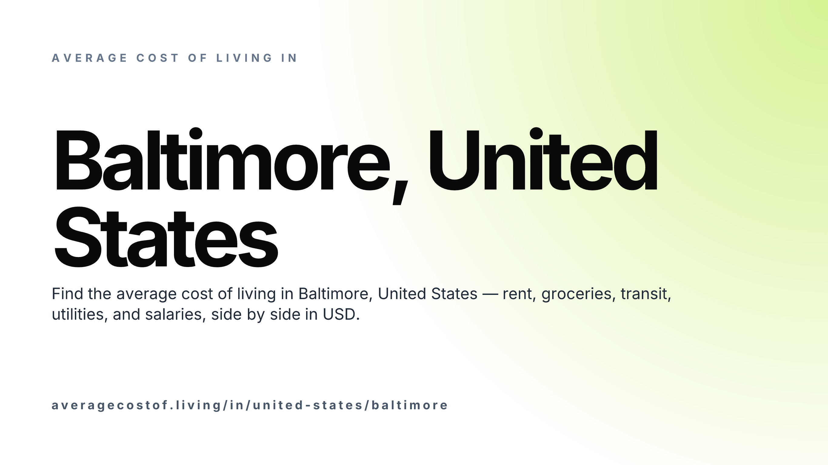 Cost of living in Baltimore, United States — monthly rent, food, transport, utilities, and salary breakdown in USD.