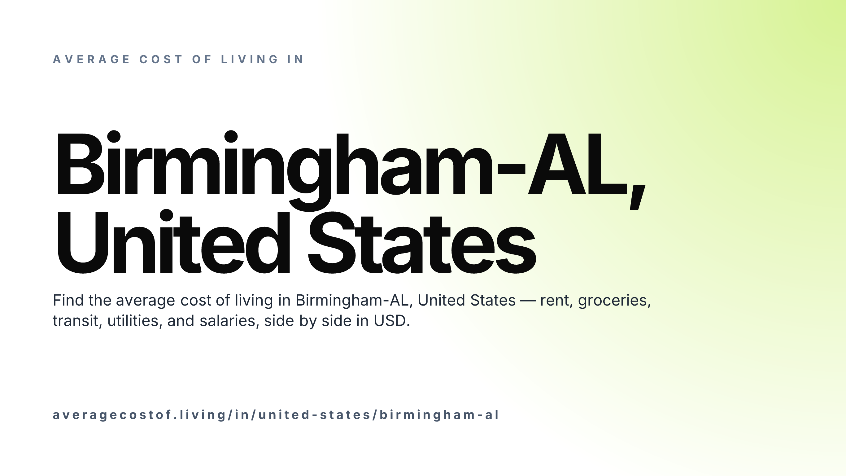 Cost of living in Birmingham-AL, United States — monthly rent, food, transport, utilities, and salary breakdown in USD.