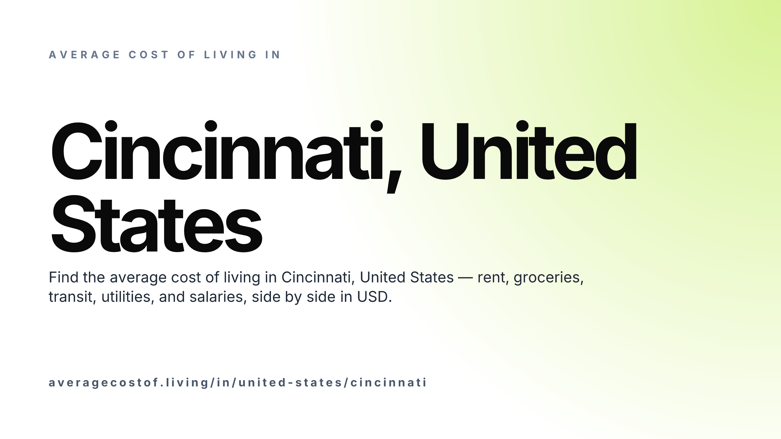 Cost of living in Cincinnati, United States — monthly rent, food, transport, utilities, and salary breakdown in USD.