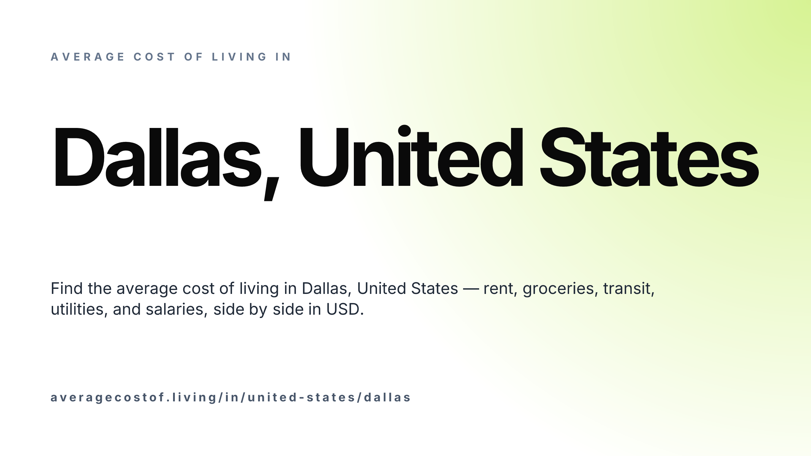 Cost of living in Dallas, United States — monthly rent, food, transport, utilities, and salary breakdown in USD.