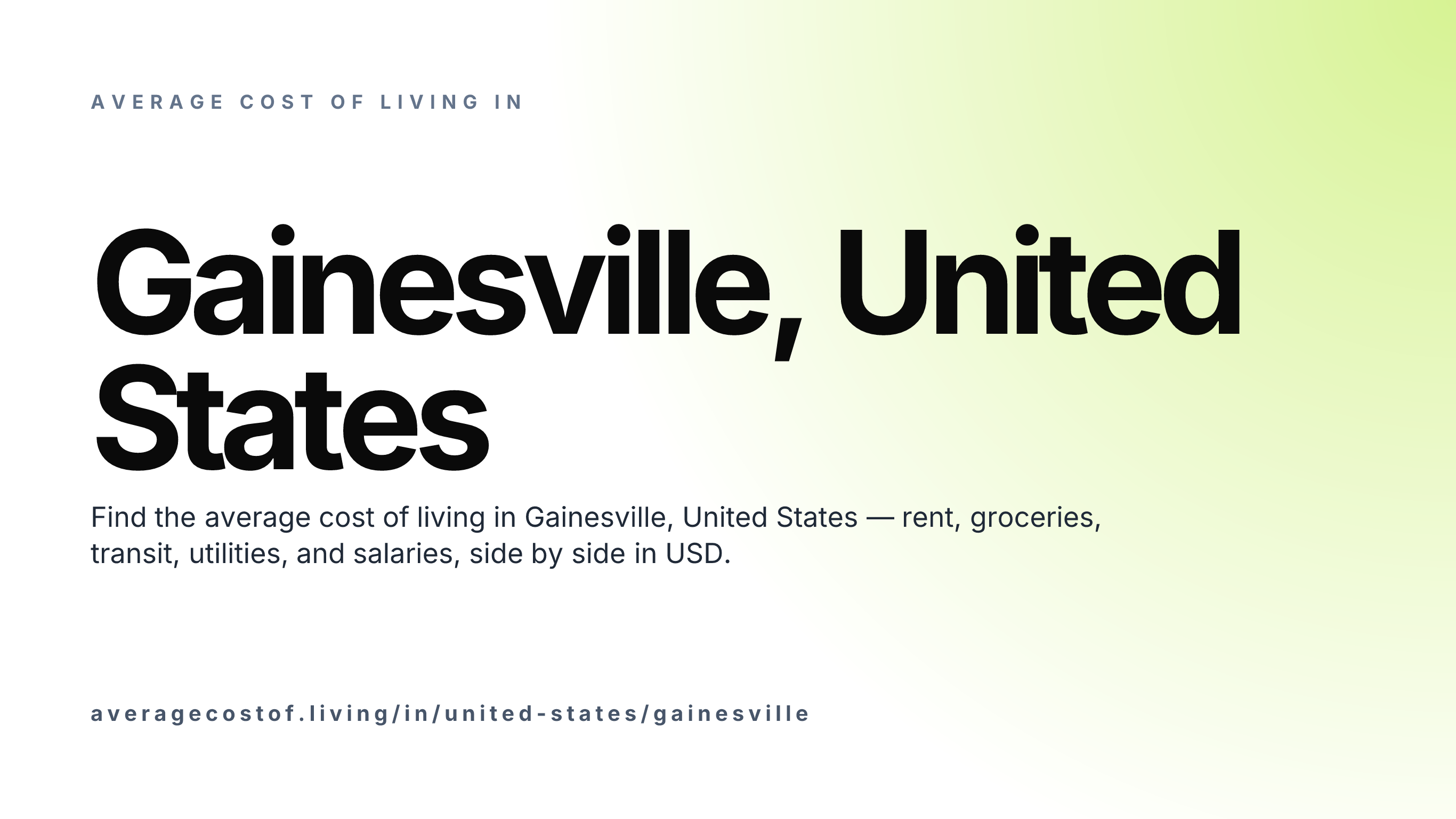 Cost of living in Gainesville, United States — monthly rent, food, transport, utilities, and salary breakdown in USD.