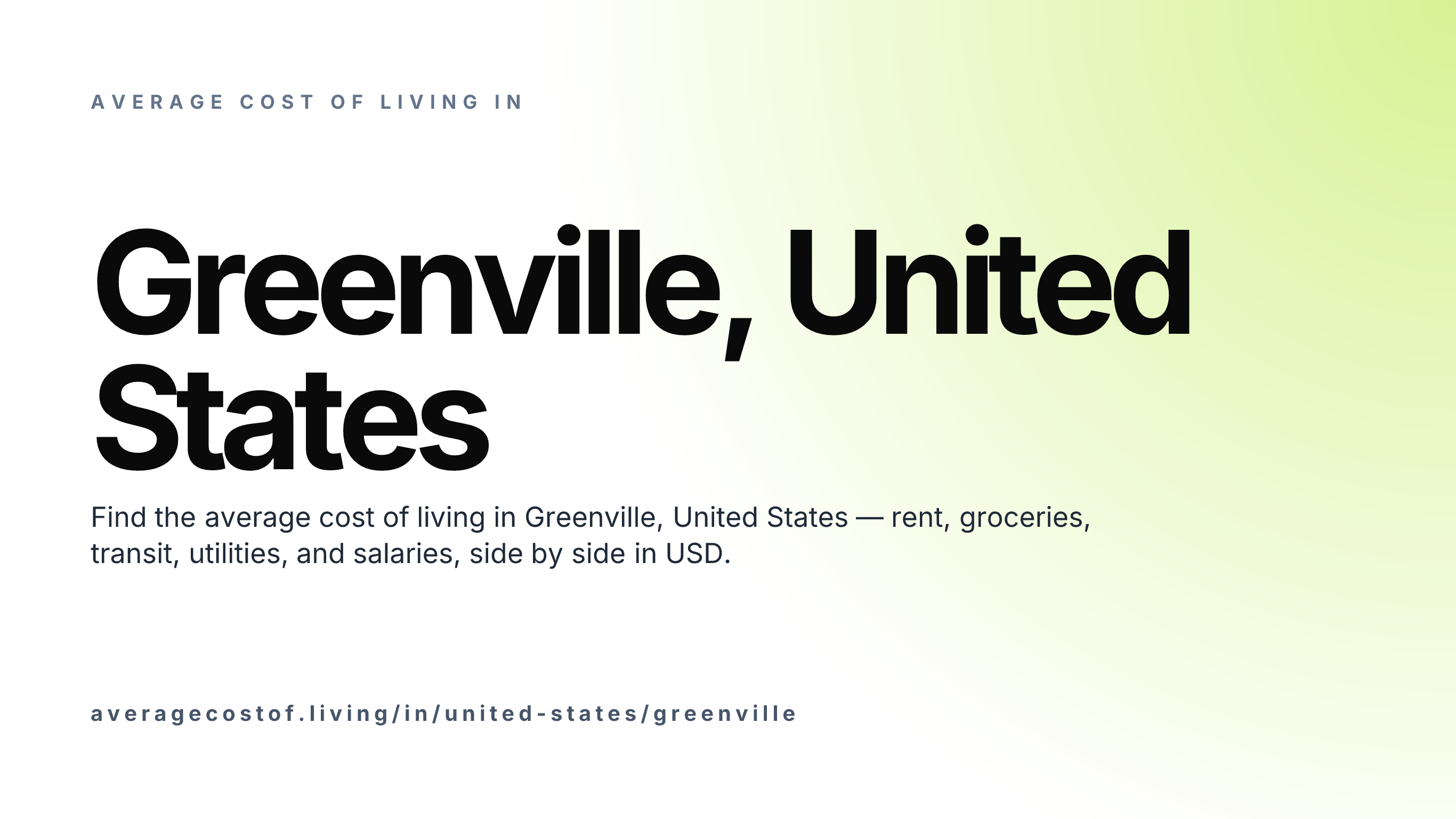 Cost of living in Greenville, United States — monthly rent, food, transport, utilities, and salary breakdown in USD.