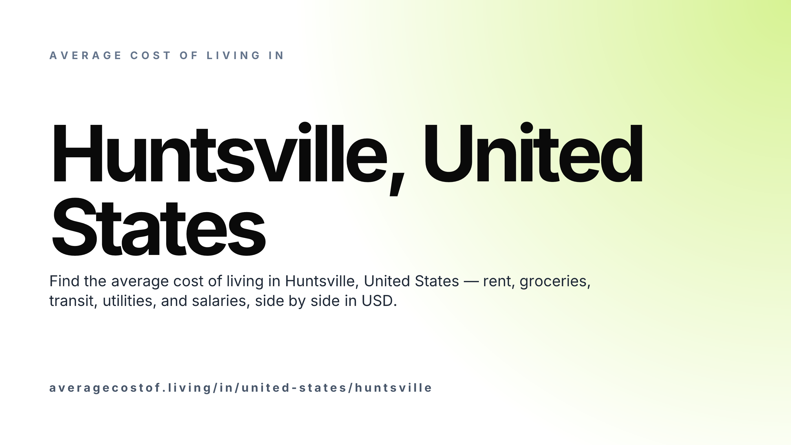 Cost of living in Huntsville, United States — monthly rent, food, transport, utilities, and salary breakdown in USD.