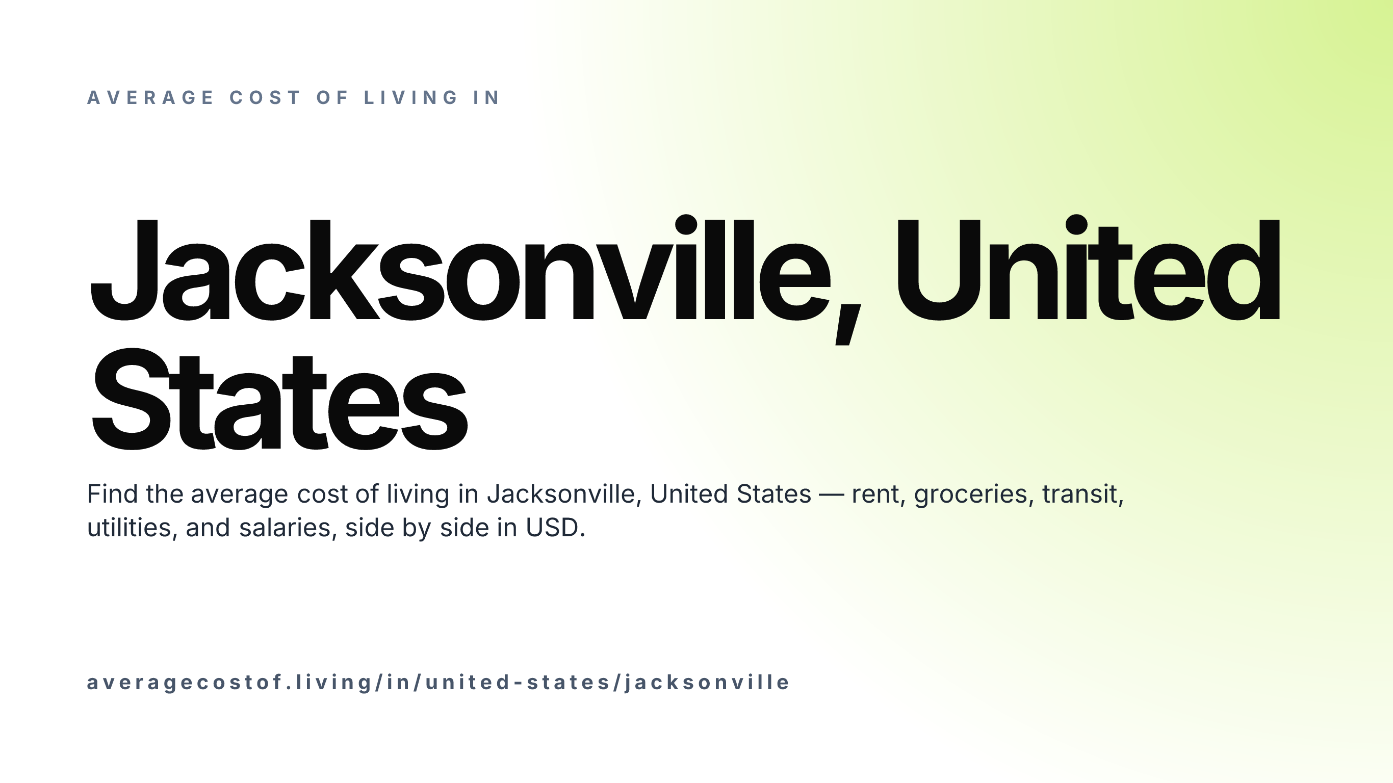 Cost of living in Jacksonville, United States — monthly rent, food, transport, utilities, and salary breakdown in USD.