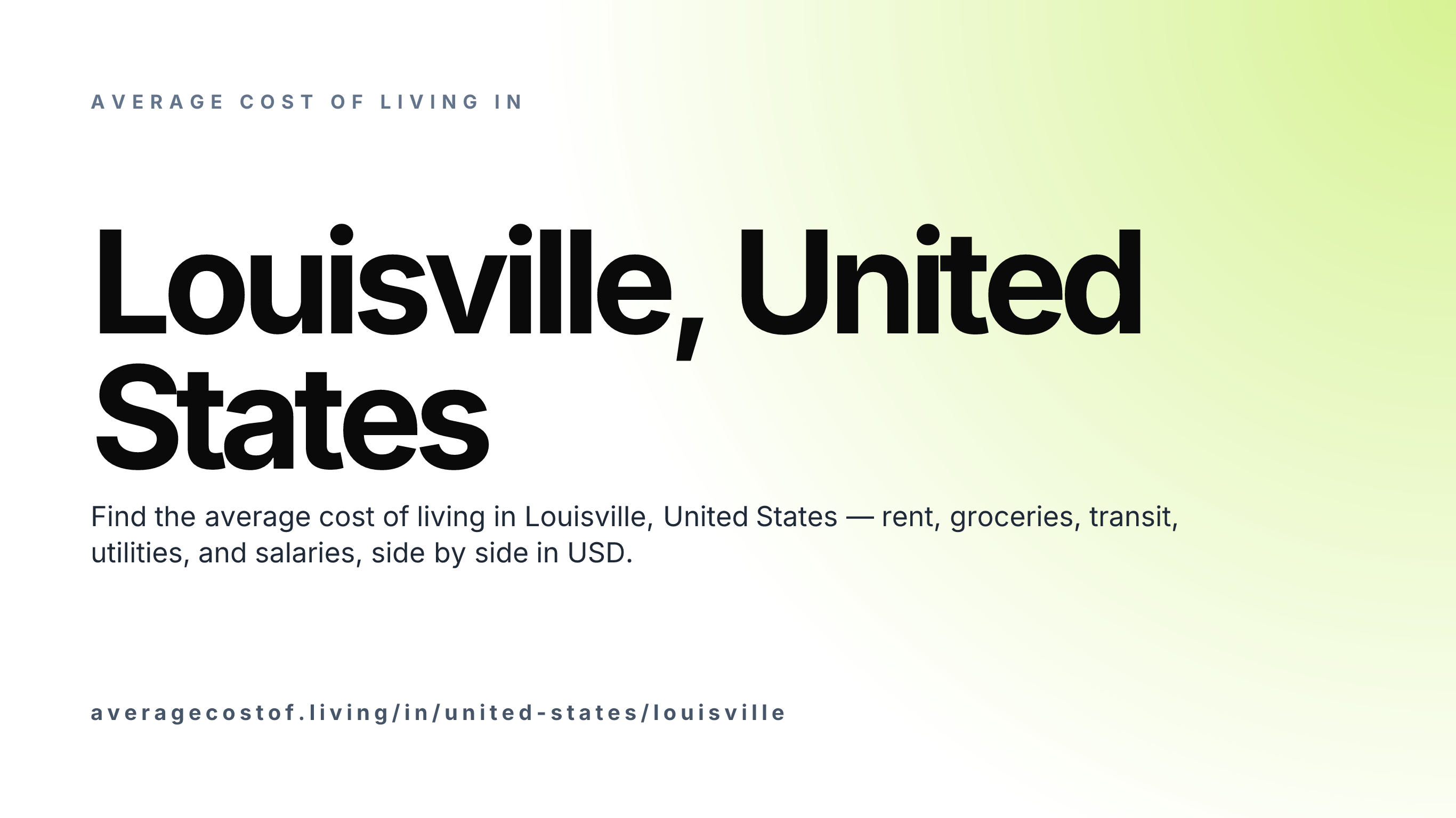 Cost of living in Louisville, United States — monthly rent, food, transport, utilities, and salary breakdown in USD.