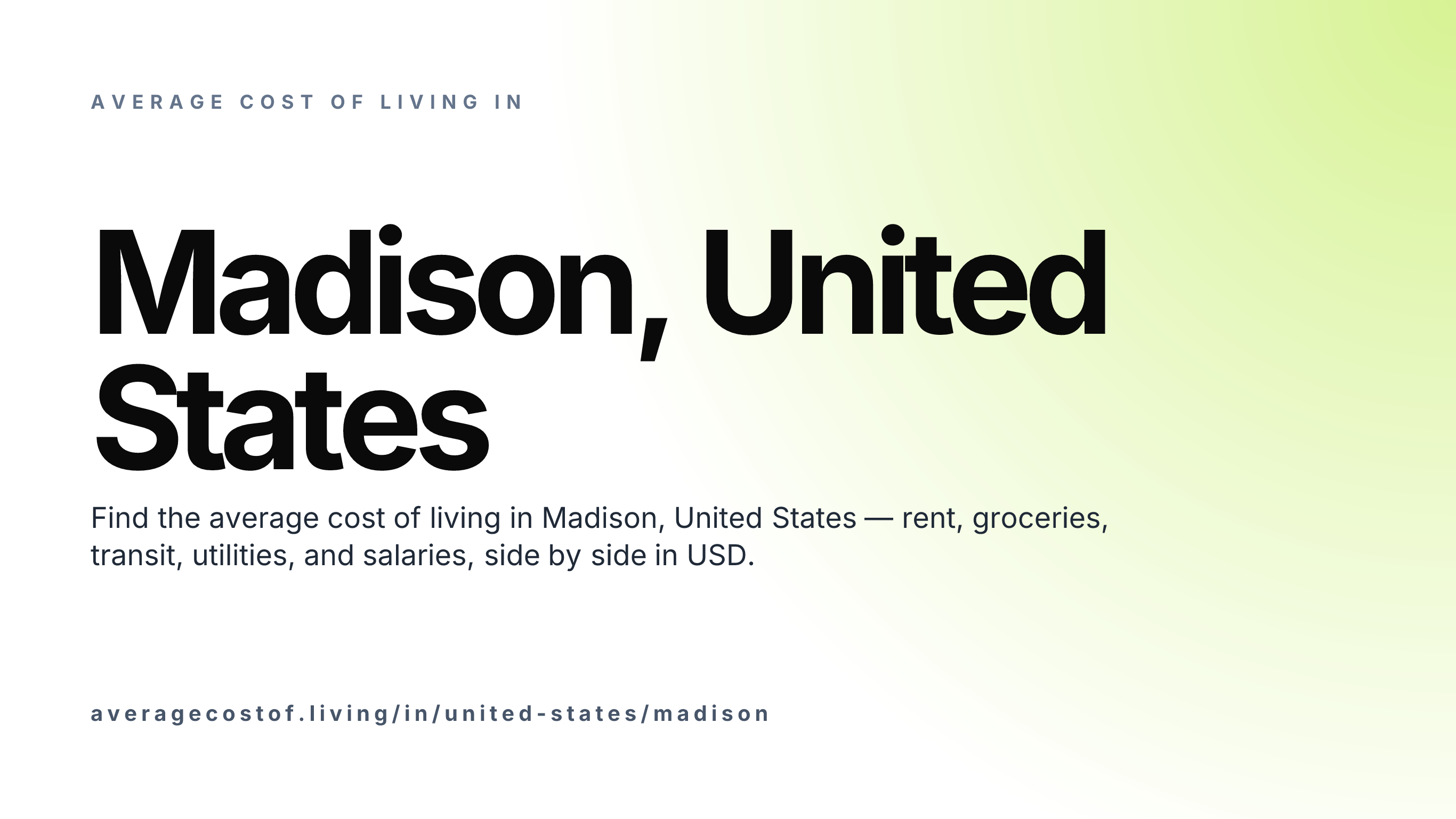 Cost of living in Madison, United States — monthly rent, food, transport, utilities, and salary breakdown in USD.