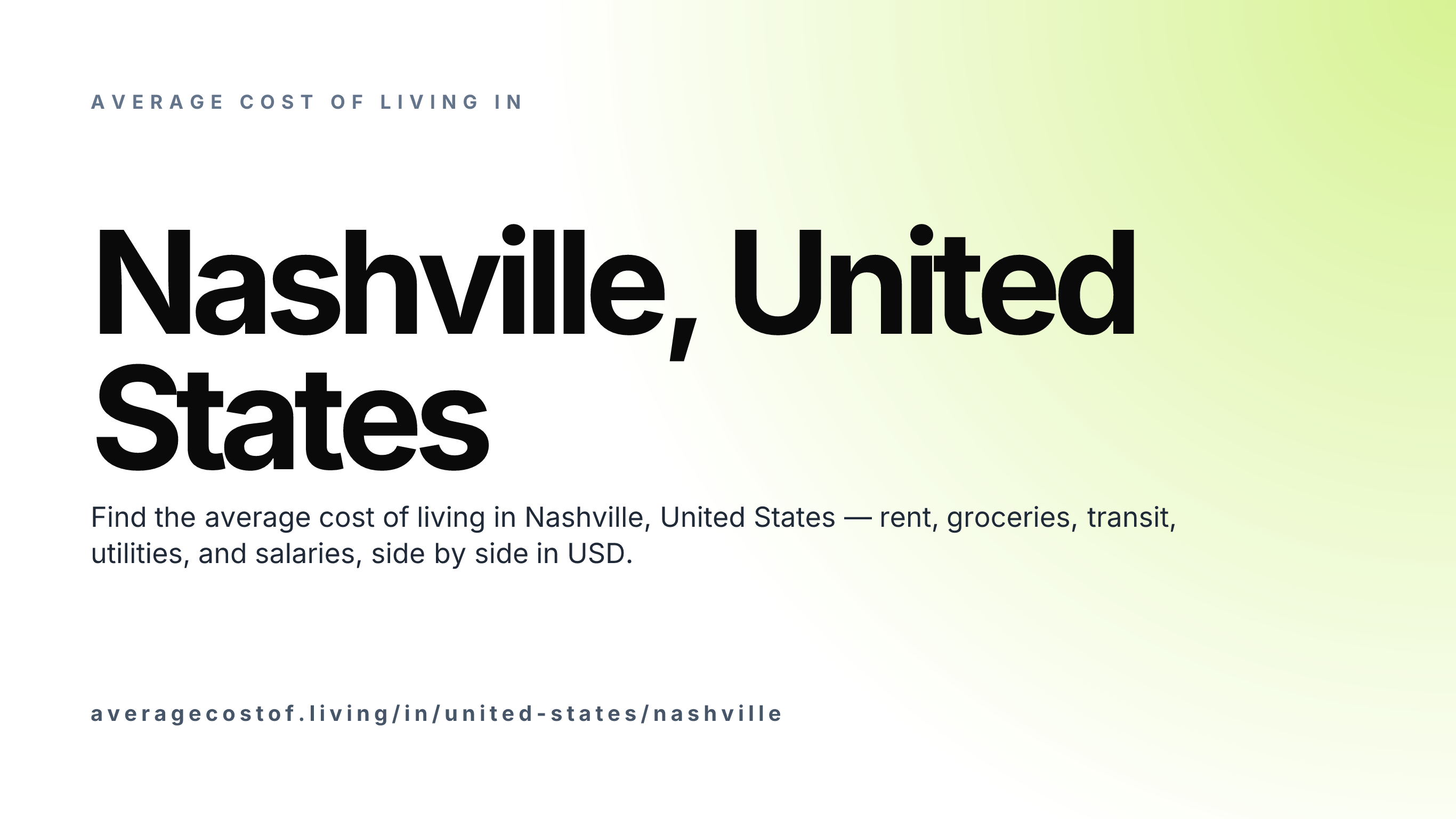 Cost of living in Nashville, United States — monthly rent, food, transport, utilities, and salary breakdown in USD.