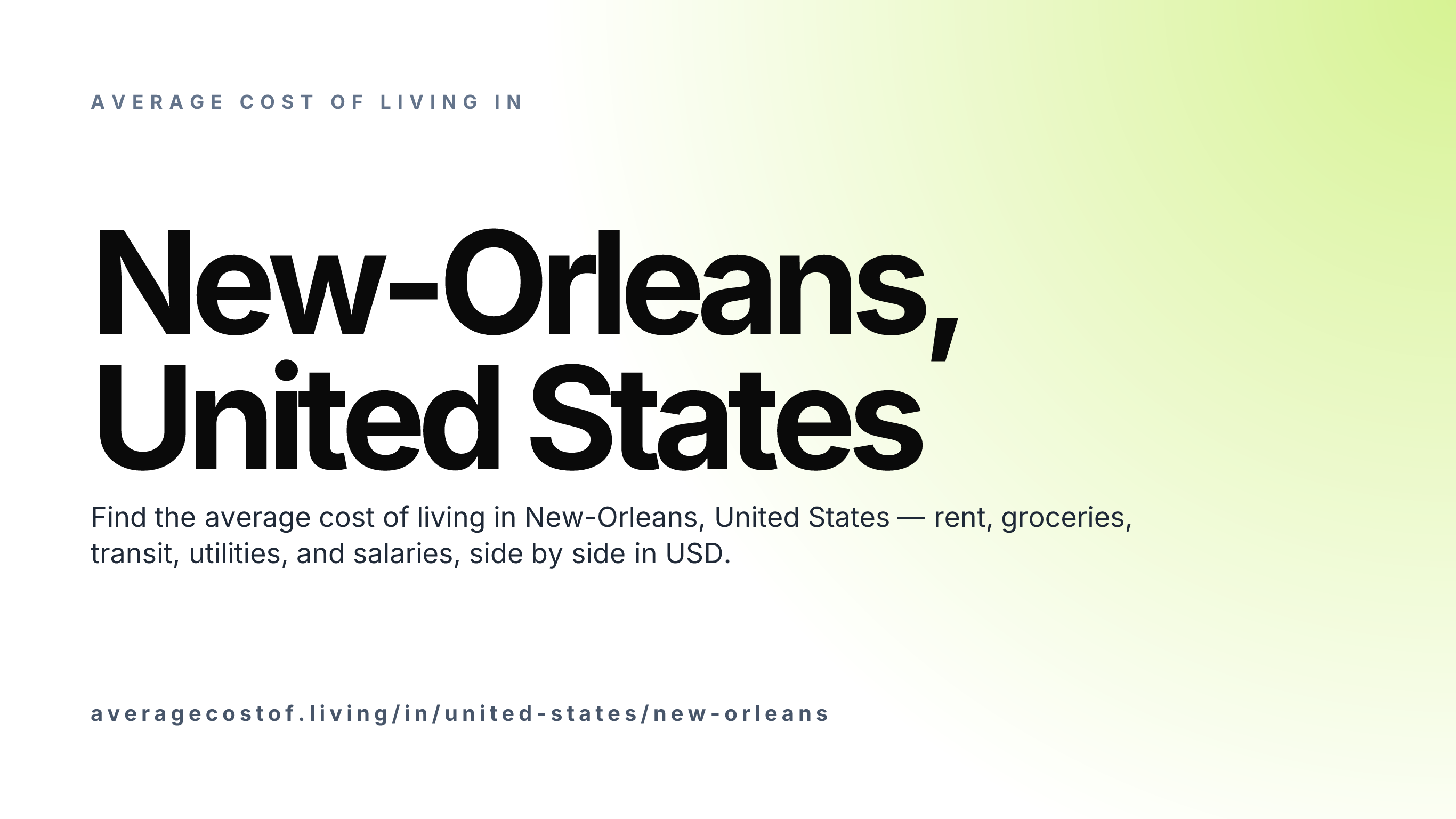 Cost of living in New-Orleans, United States — monthly rent, food, transport, utilities, and salary breakdown in USD.