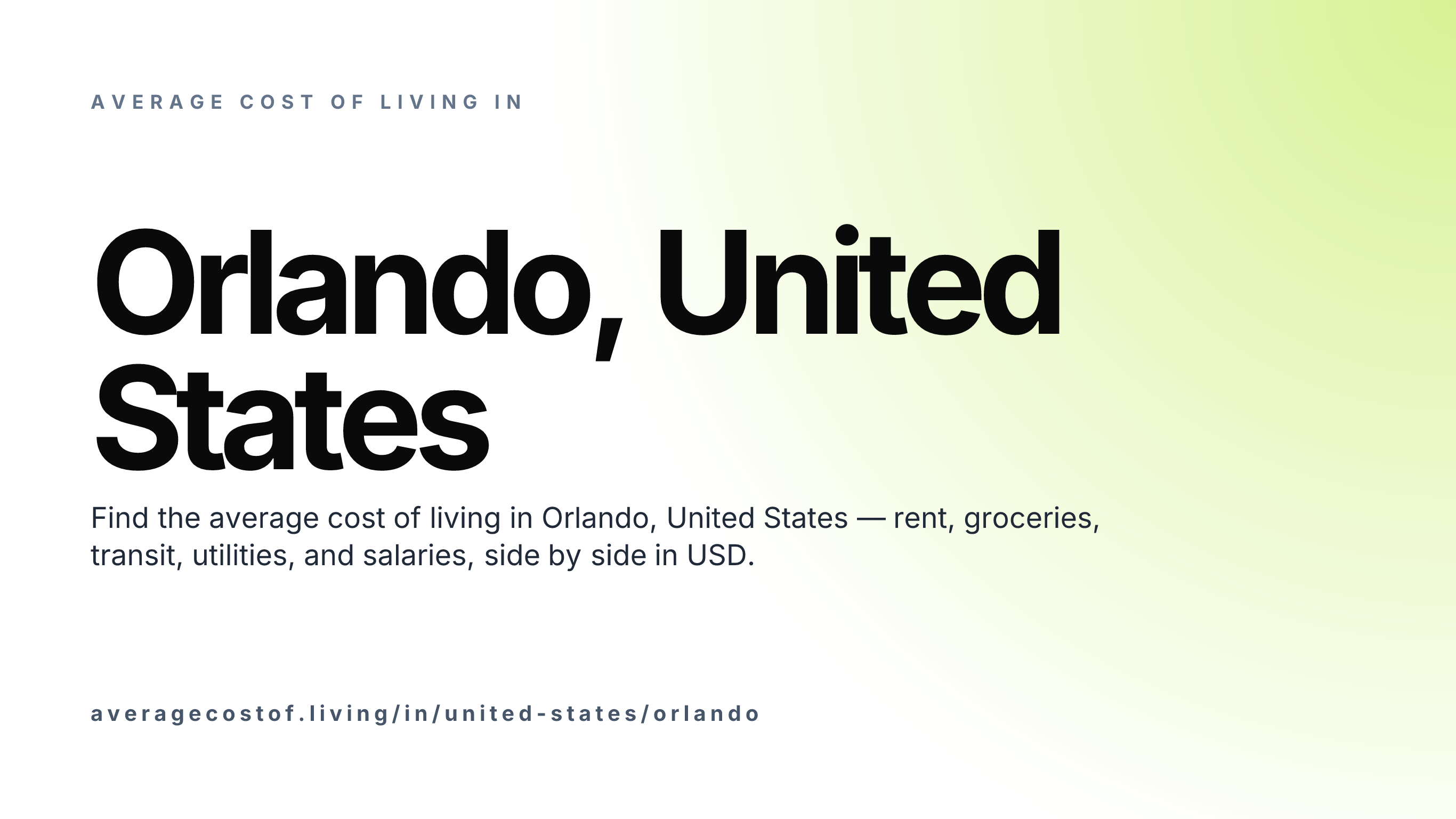 Cost of living in Orlando, United States — monthly rent, food, transport, utilities, and salary breakdown in USD.