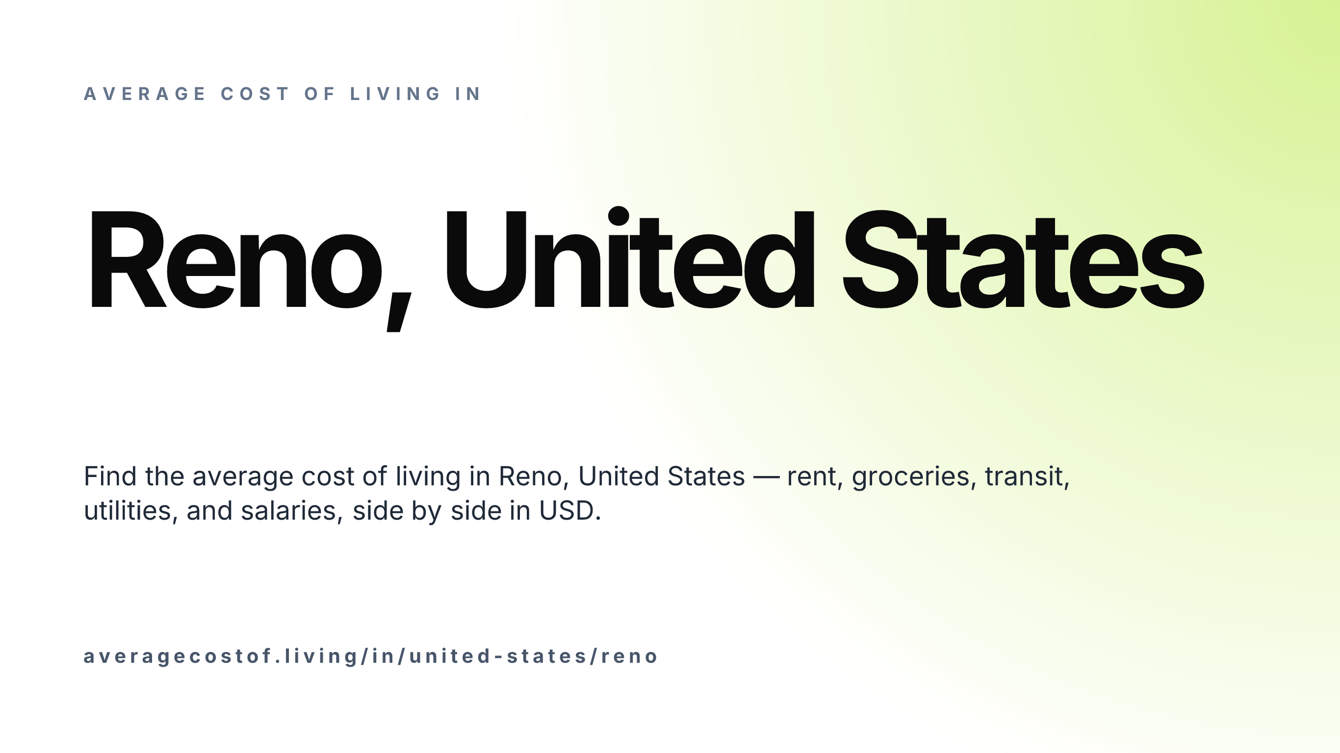 Cost of living in Reno, United States — monthly rent, food, transport, utilities, and salary breakdown in USD.