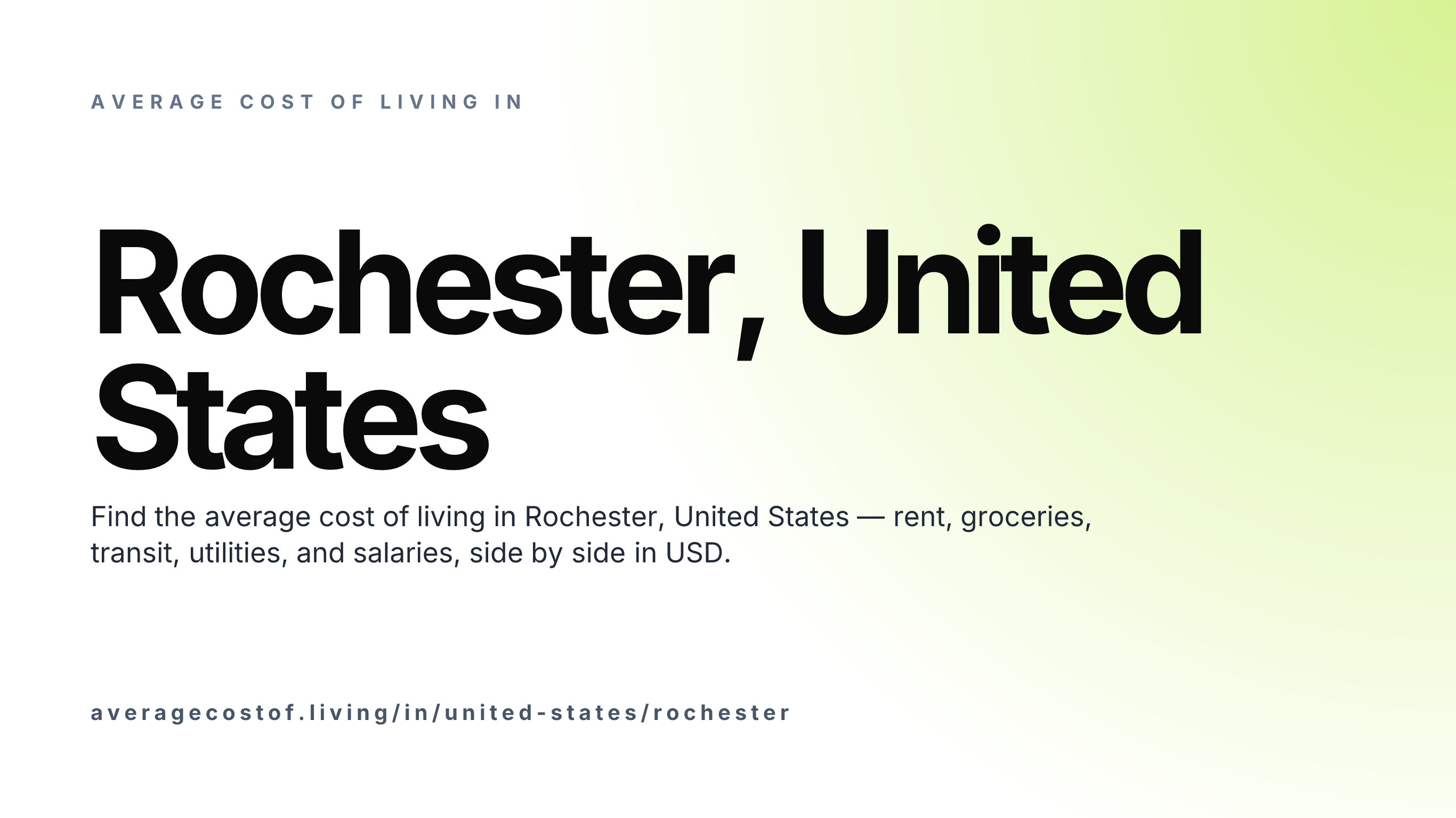 Cost of living in Rochester, United States — monthly rent, food, transport, utilities, and salary breakdown in USD.