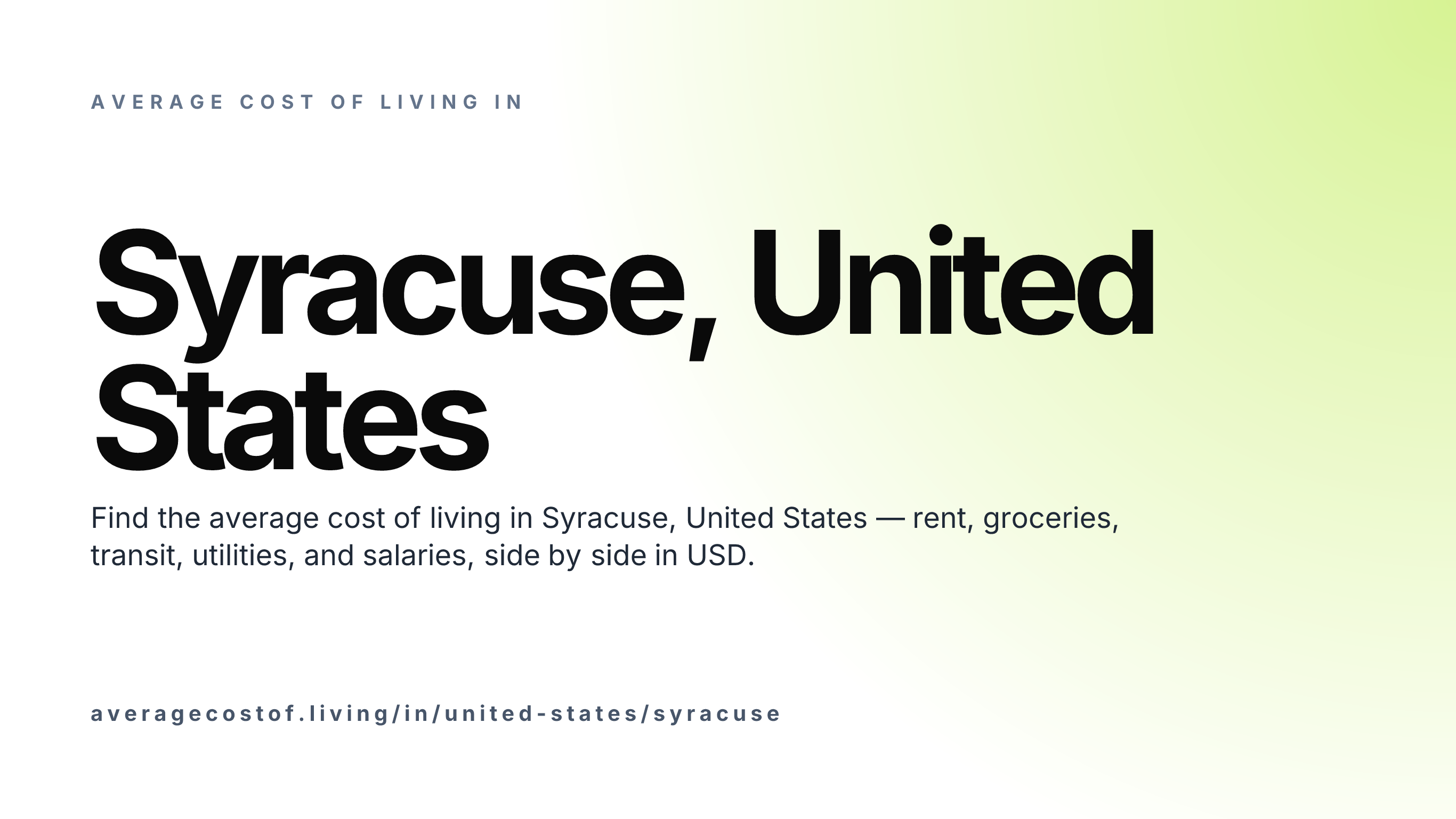 Cost of living in Syracuse, United States — monthly rent, food, transport, utilities, and salary breakdown in USD.