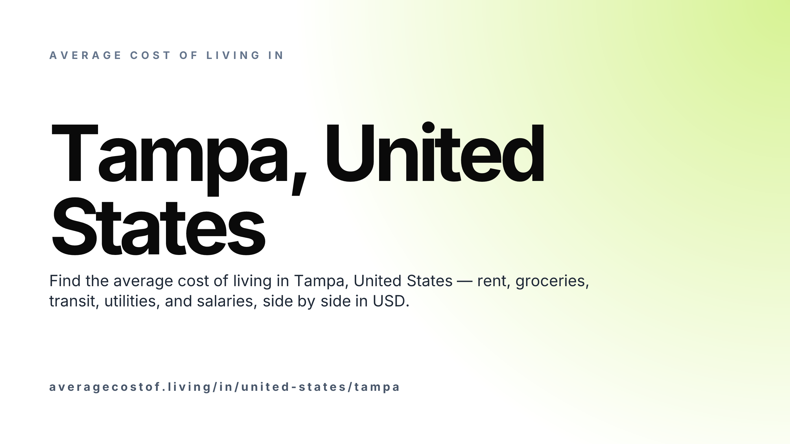 Cost of living in Tampa, United States — monthly rent, food, transport, utilities, and salary breakdown in USD.
