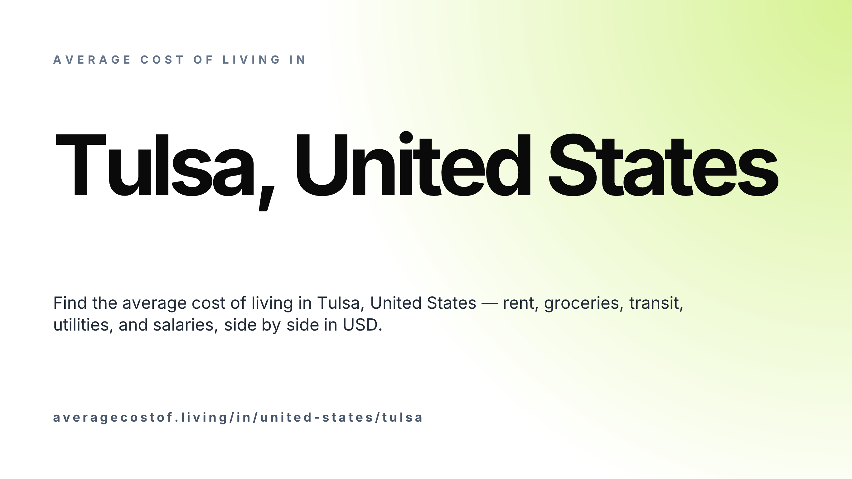 Cost of living in Tulsa, United States — monthly rent, food, transport, utilities, and salary breakdown in USD.