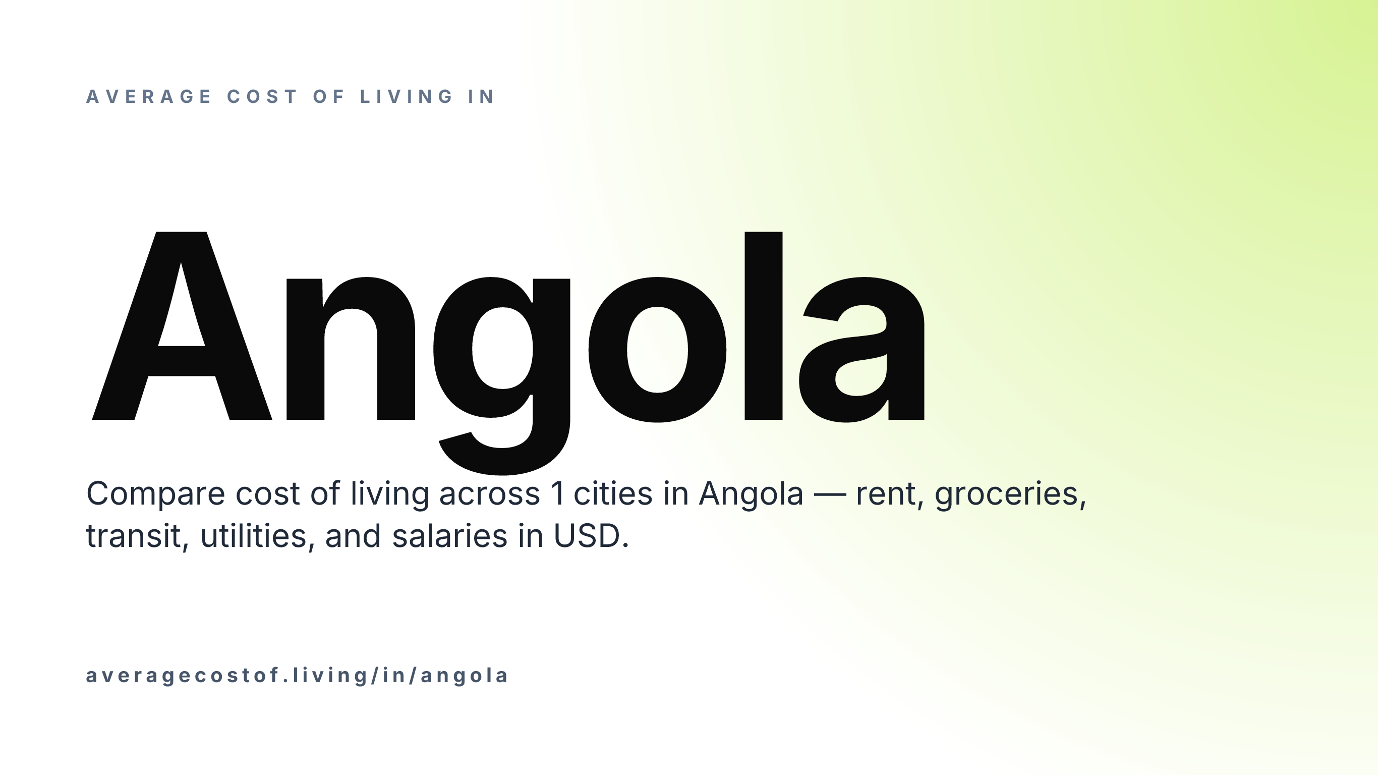 Average cost of living in Angola — 1 cities compared on rent, groceries, transport, and salaries in USD.
