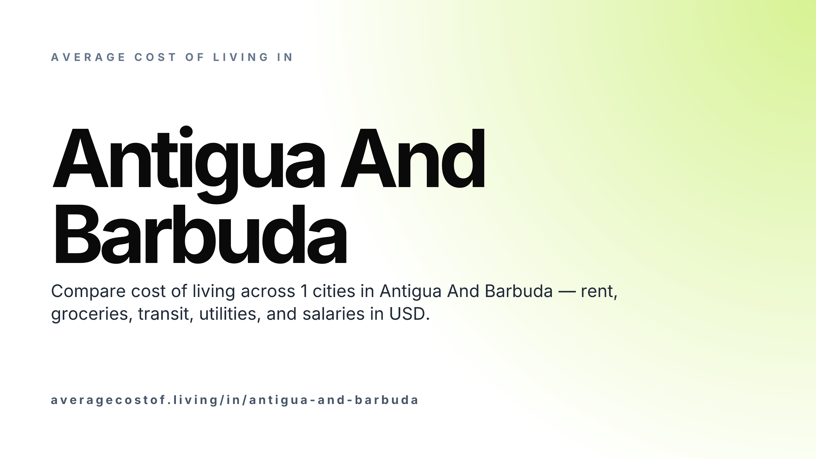 Average cost of living in Antigua And Barbuda — 1 cities compared on rent, groceries, transport, and salaries in USD.