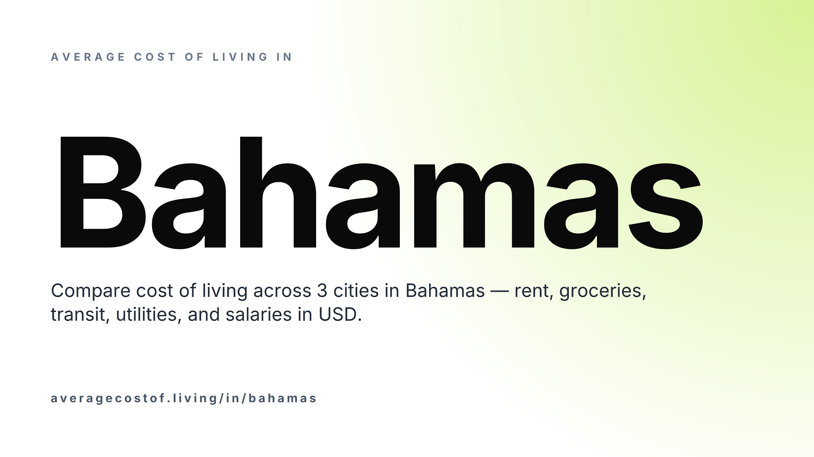 Average cost of living in Bahamas — 3 cities compared on rent, groceries, transport, and salaries in USD.