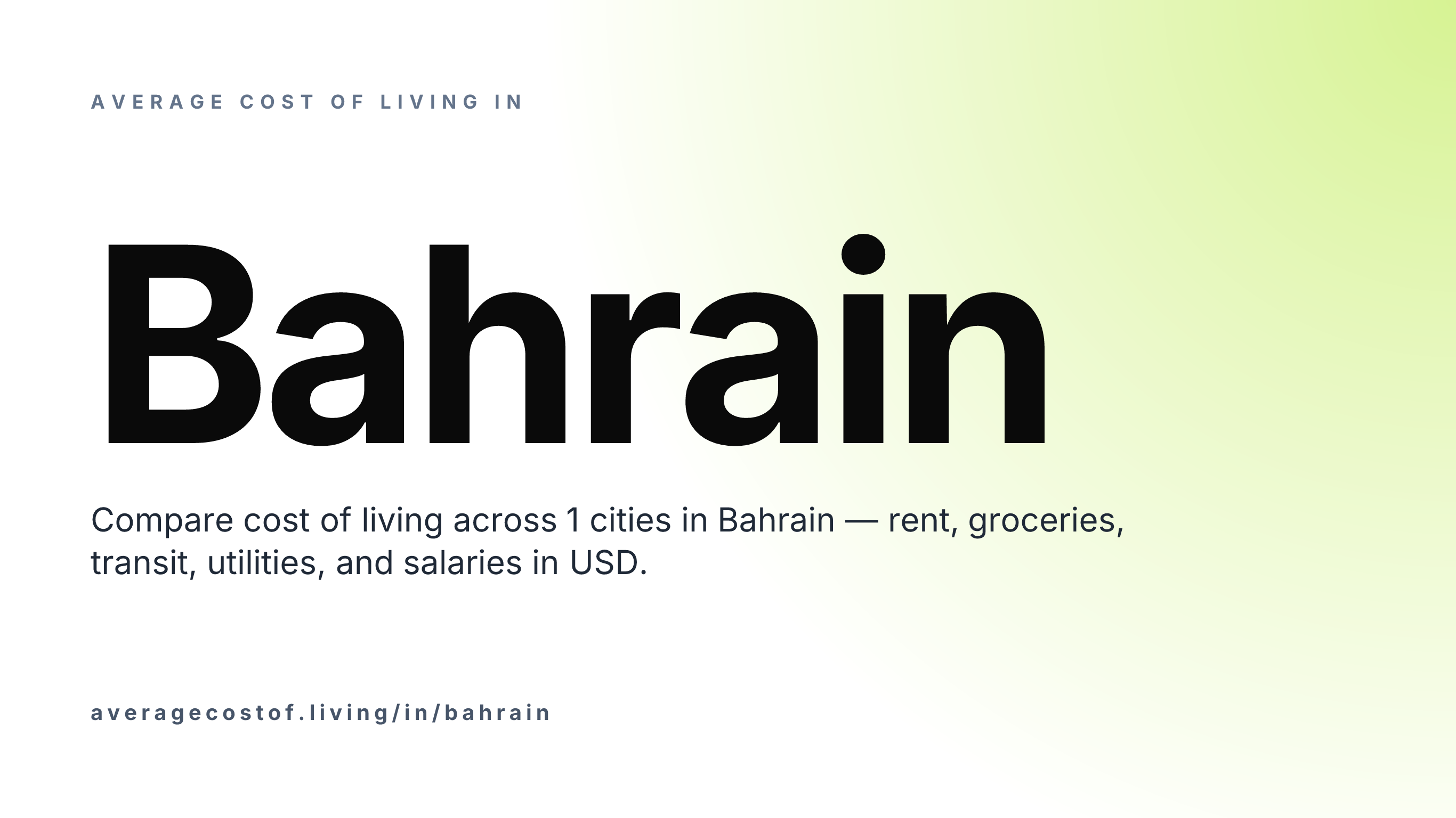 Average cost of living in Bahrain — 1 cities compared on rent, groceries, transport, and salaries in USD.