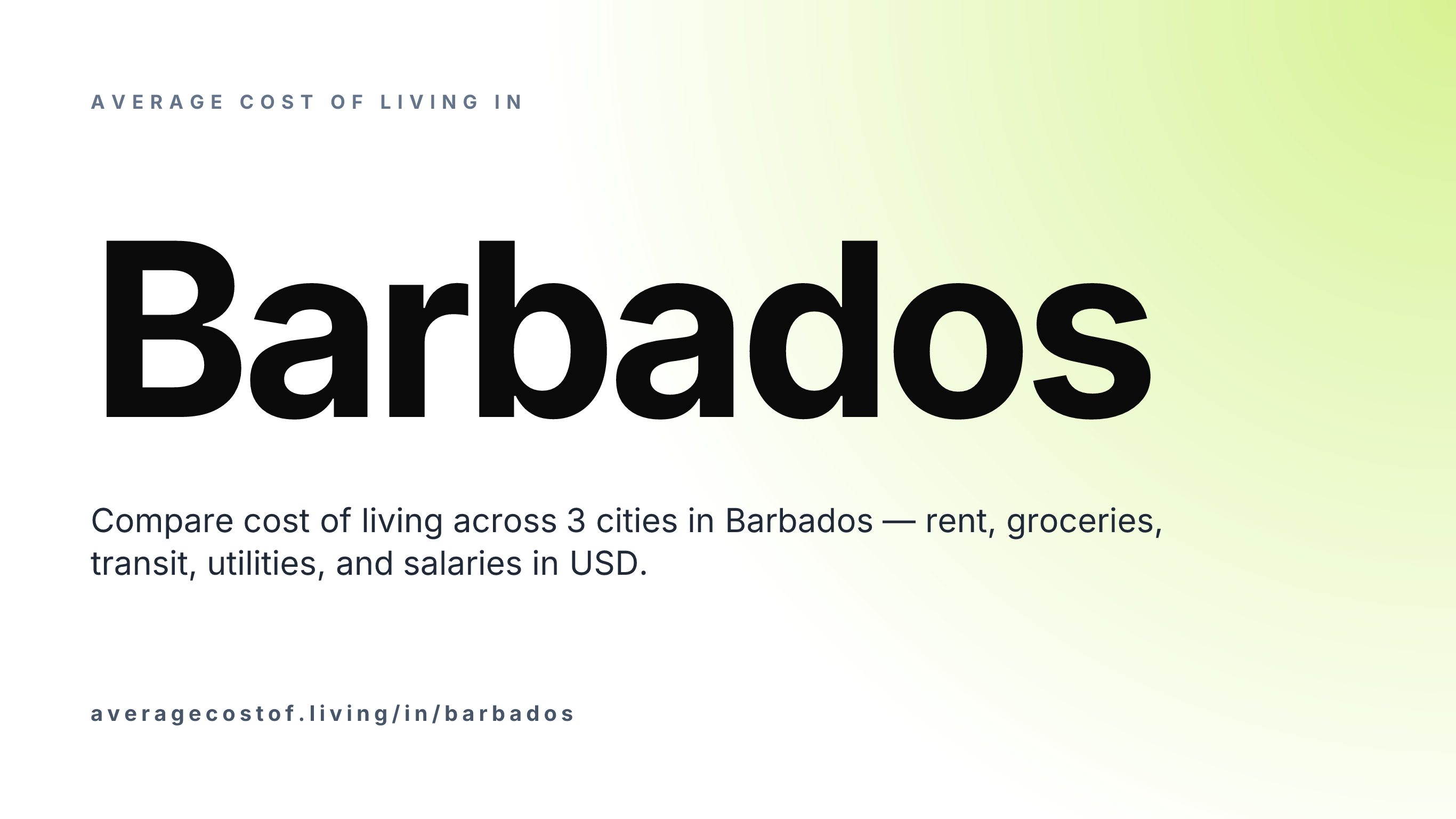 Average cost of living in Barbados — 3 cities compared on rent, groceries, transport, and salaries in USD.