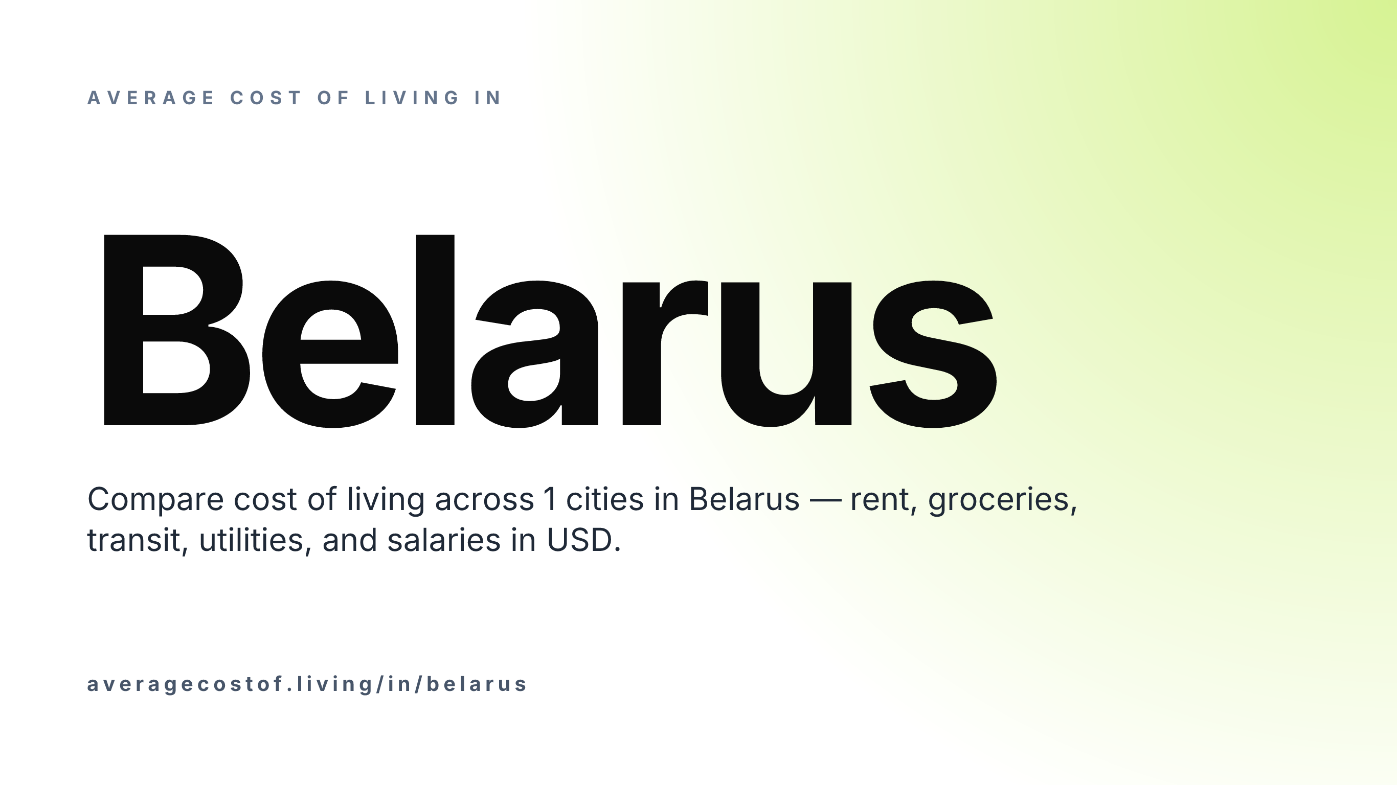 Average cost of living in Belarus — 1 cities compared on rent, groceries, transport, and salaries in USD.