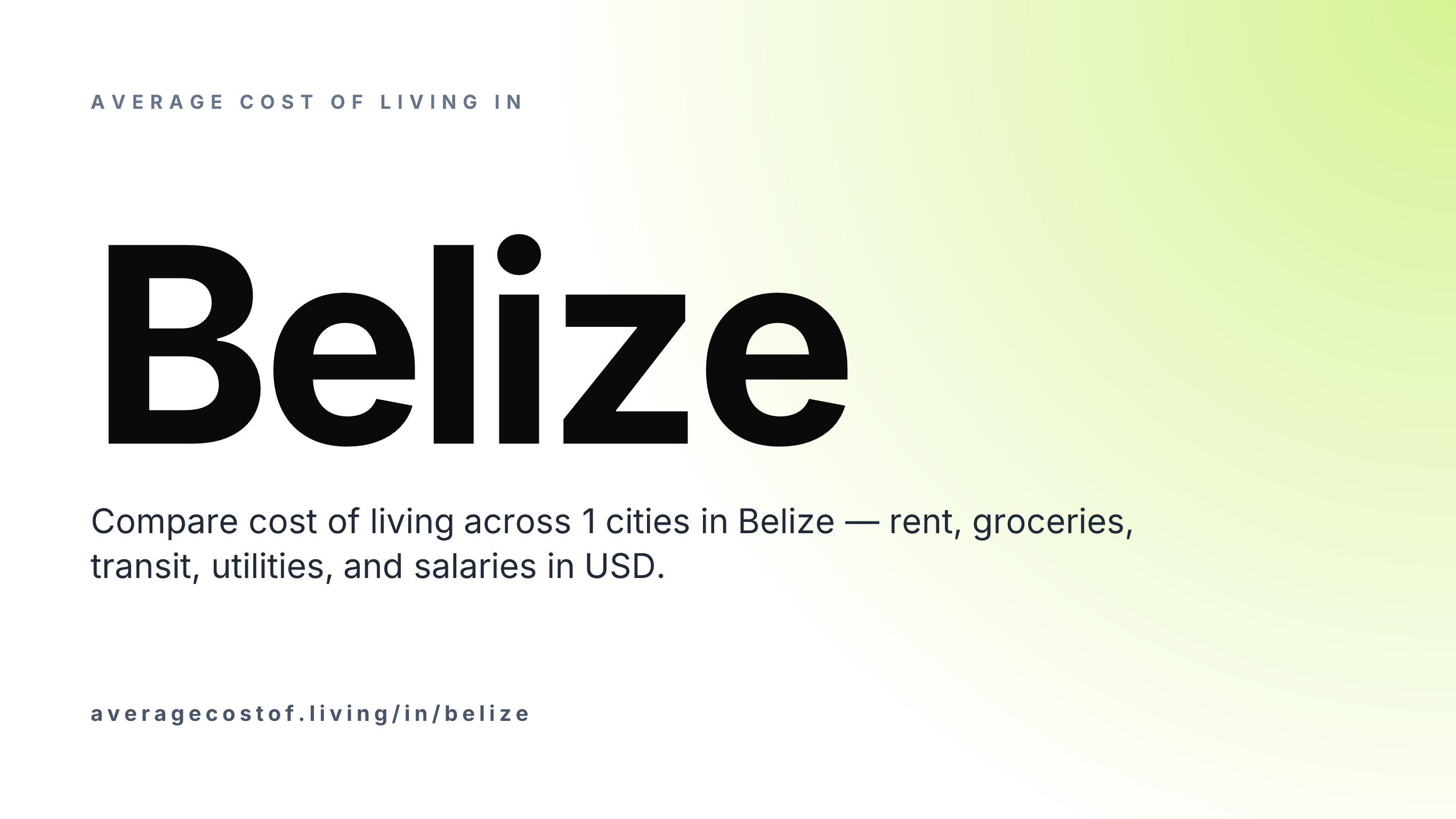 Average cost of living in Belize — 1 cities compared on rent, groceries, transport, and salaries in USD.