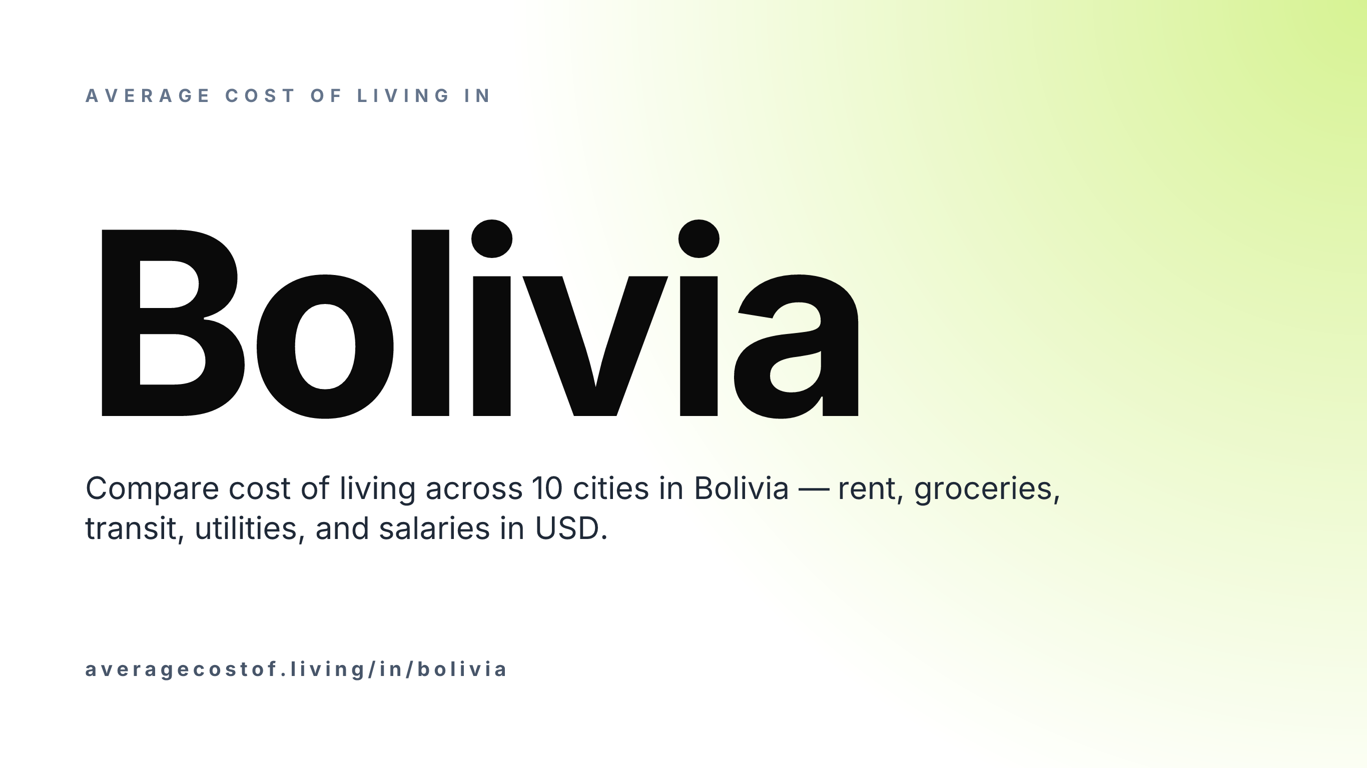 Average cost of living in Bolivia — 8 cities compared on rent, groceries, transport, and salaries in USD.