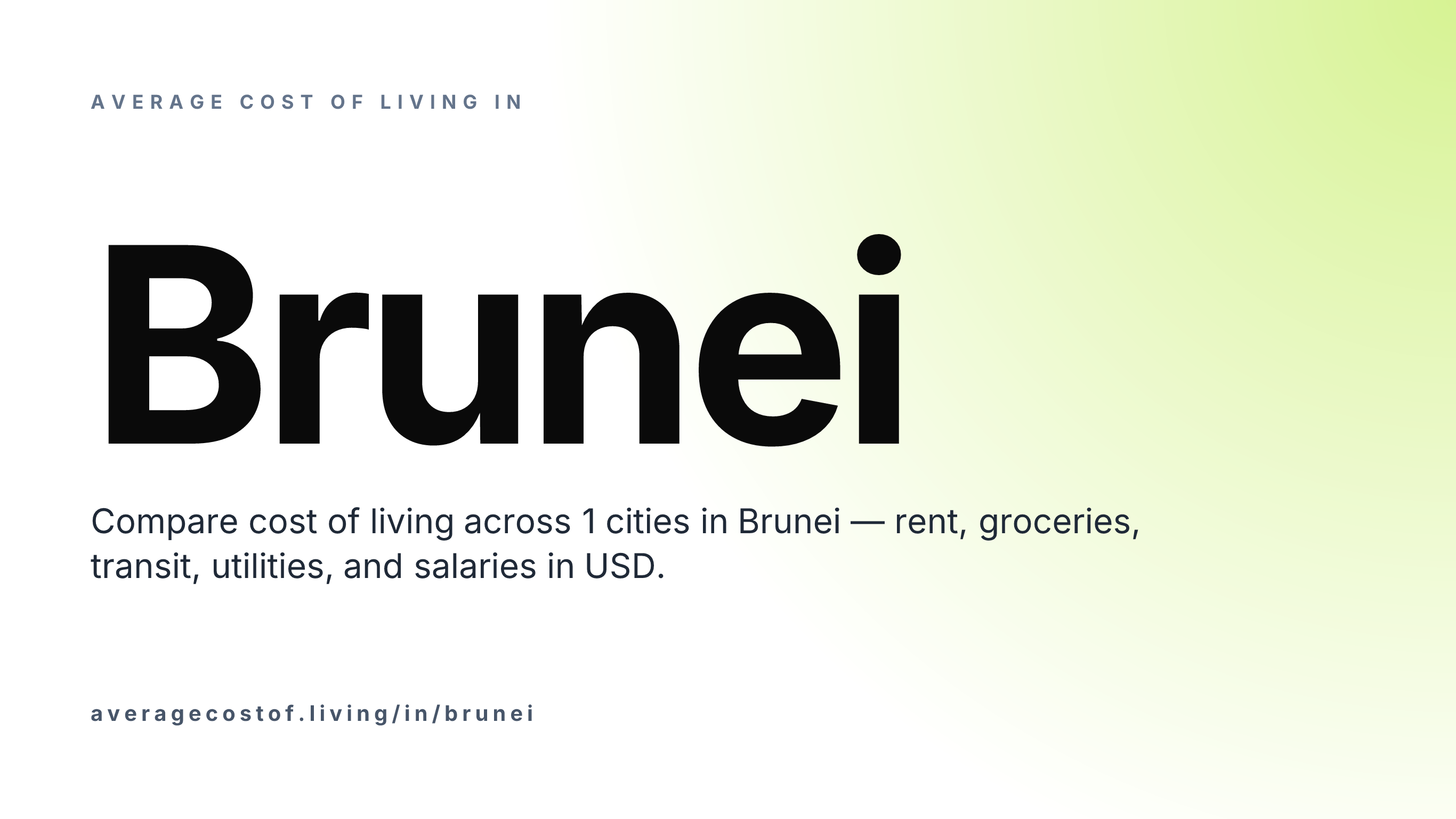Average cost of living in Brunei — 1 cities compared on rent, groceries, transport, and salaries in USD.