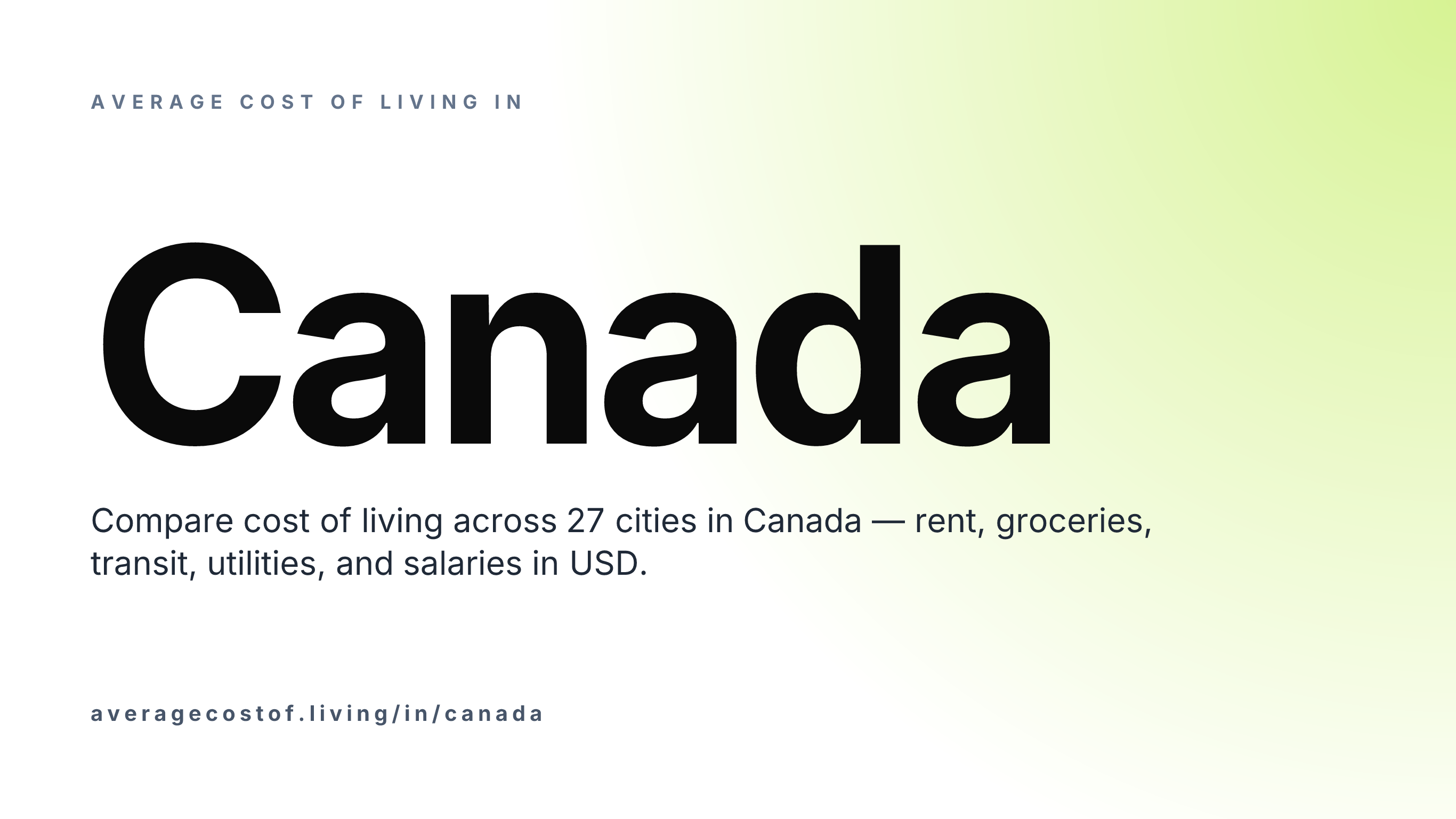 Average cost of living in Canada — 27 cities compared on rent, groceries, transport, and salaries in USD.