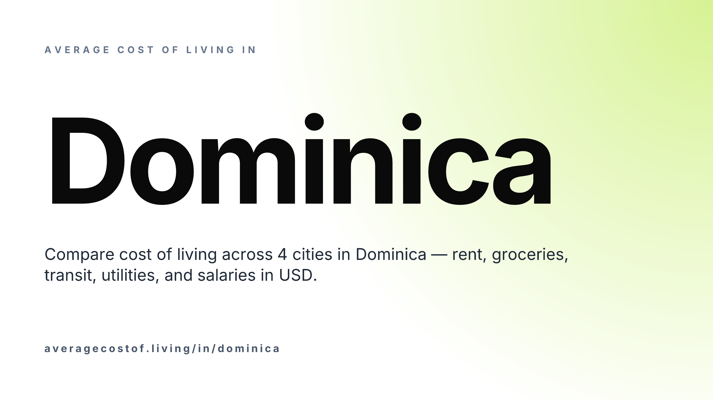 Average cost of living in Dominica — 1 cities compared on rent, groceries, transport, and salaries in USD.