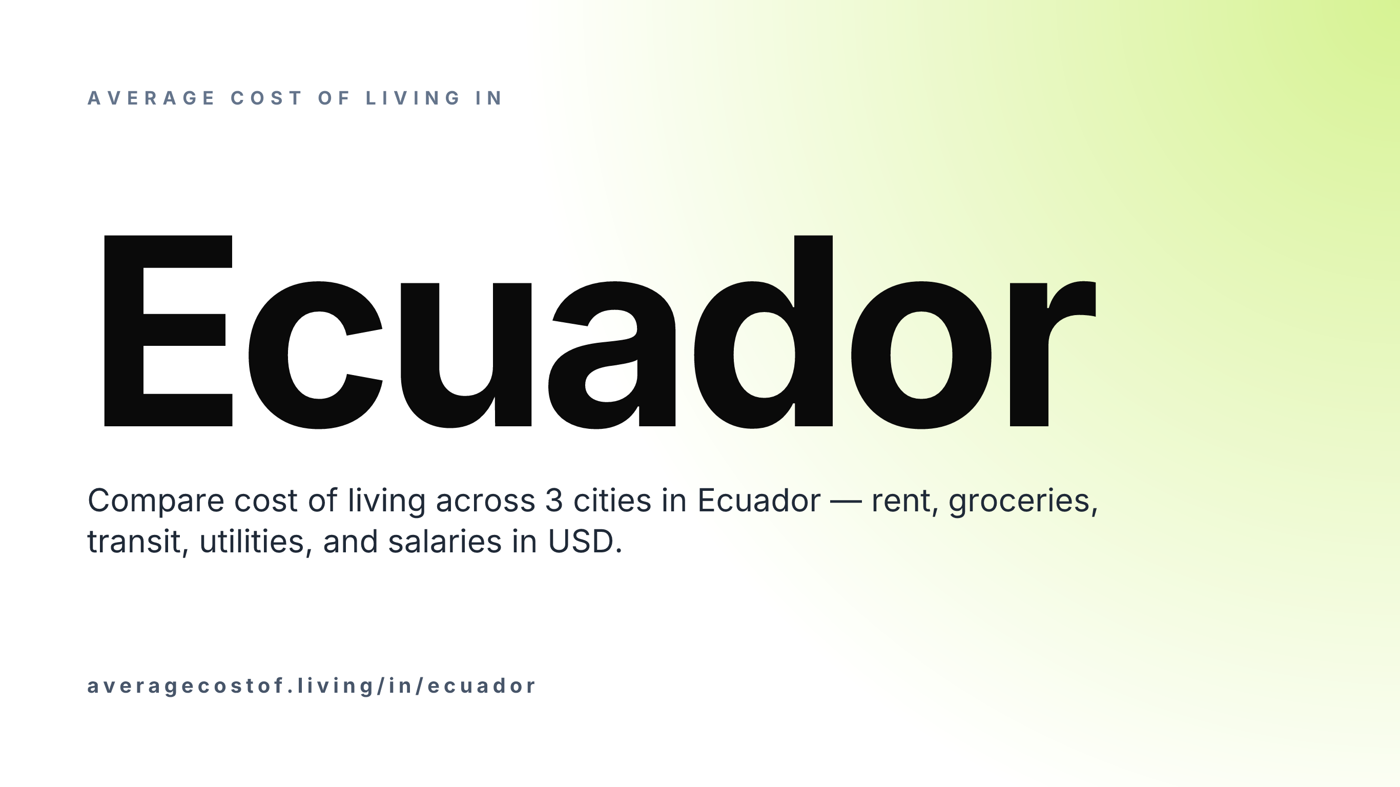 Average cost of living in Ecuador — 3 cities compared on rent, groceries, transport, and salaries in USD.