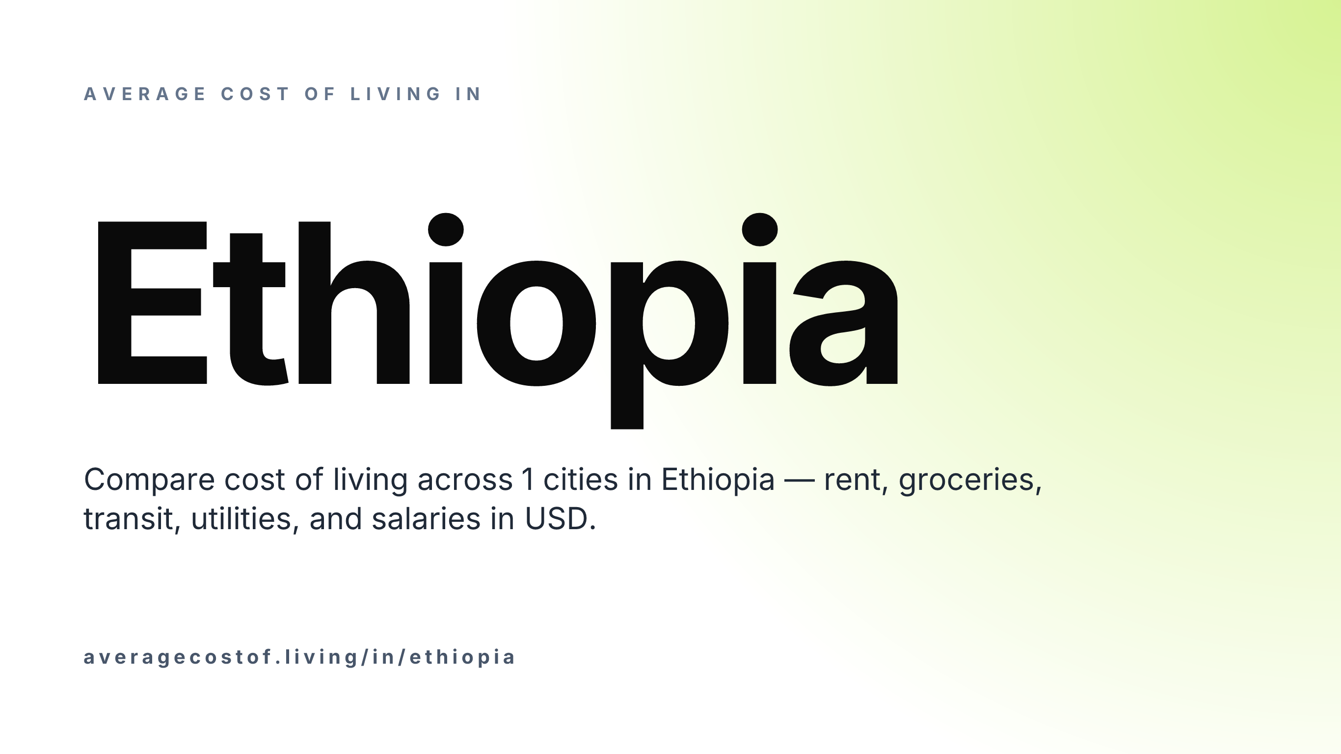 Average cost of living in Ethiopia — 1 cities compared on rent, groceries, transport, and salaries in USD.