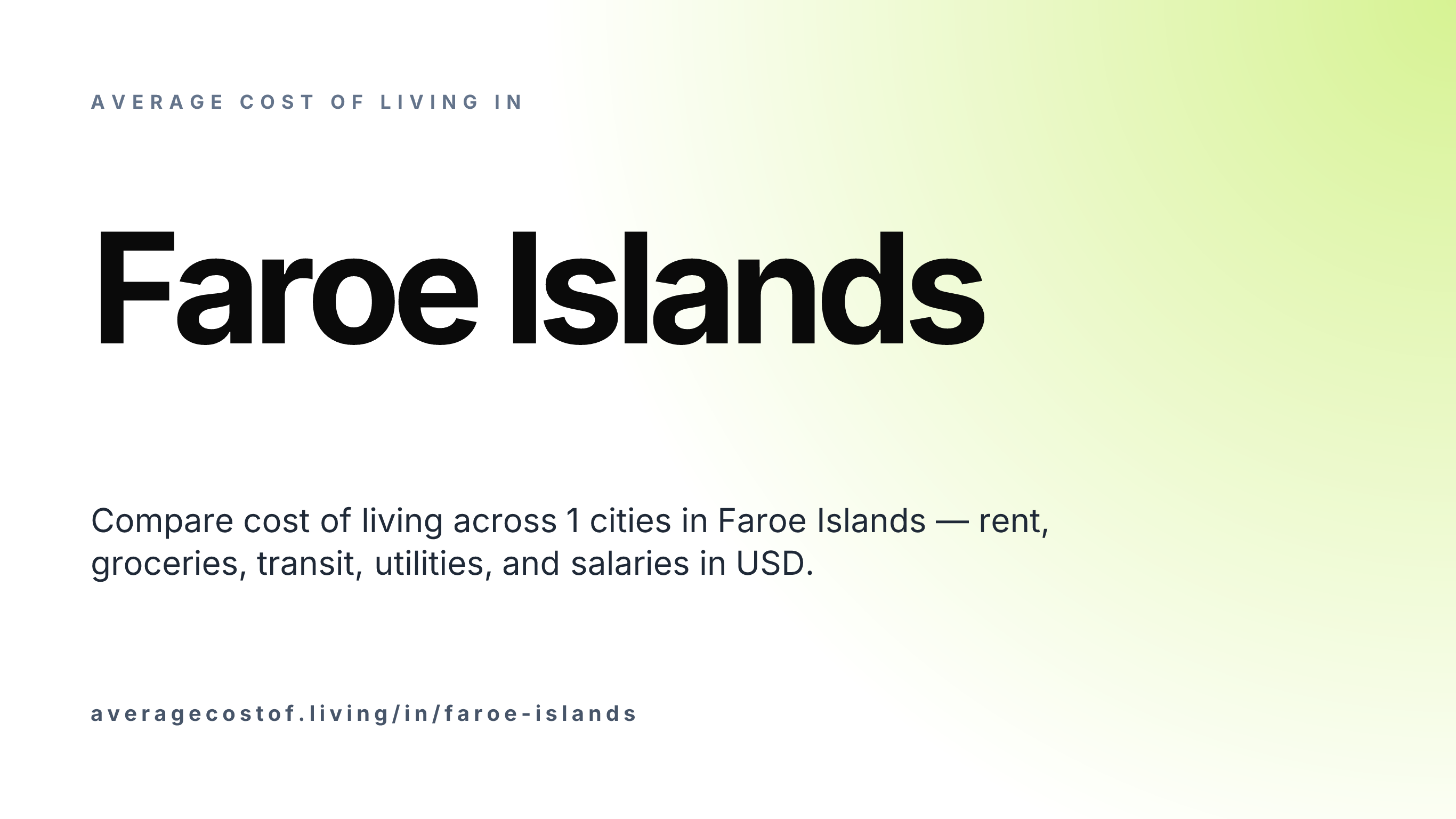 Average cost of living in Faroe Islands — 1 cities compared on rent, groceries, transport, and salaries in USD.