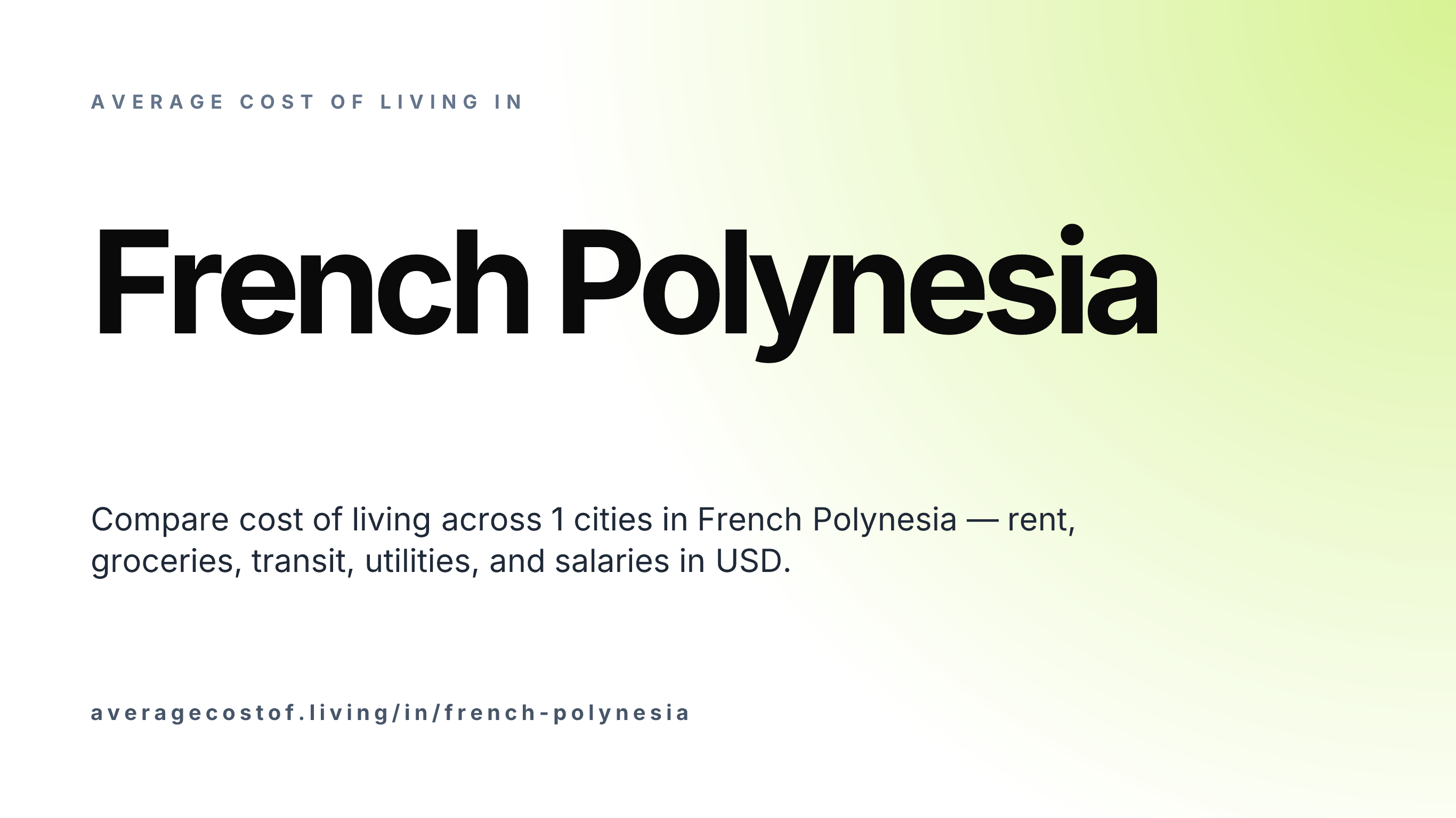 Average cost of living in French Polynesia — 1 cities compared on rent, groceries, transport, and salaries in USD.