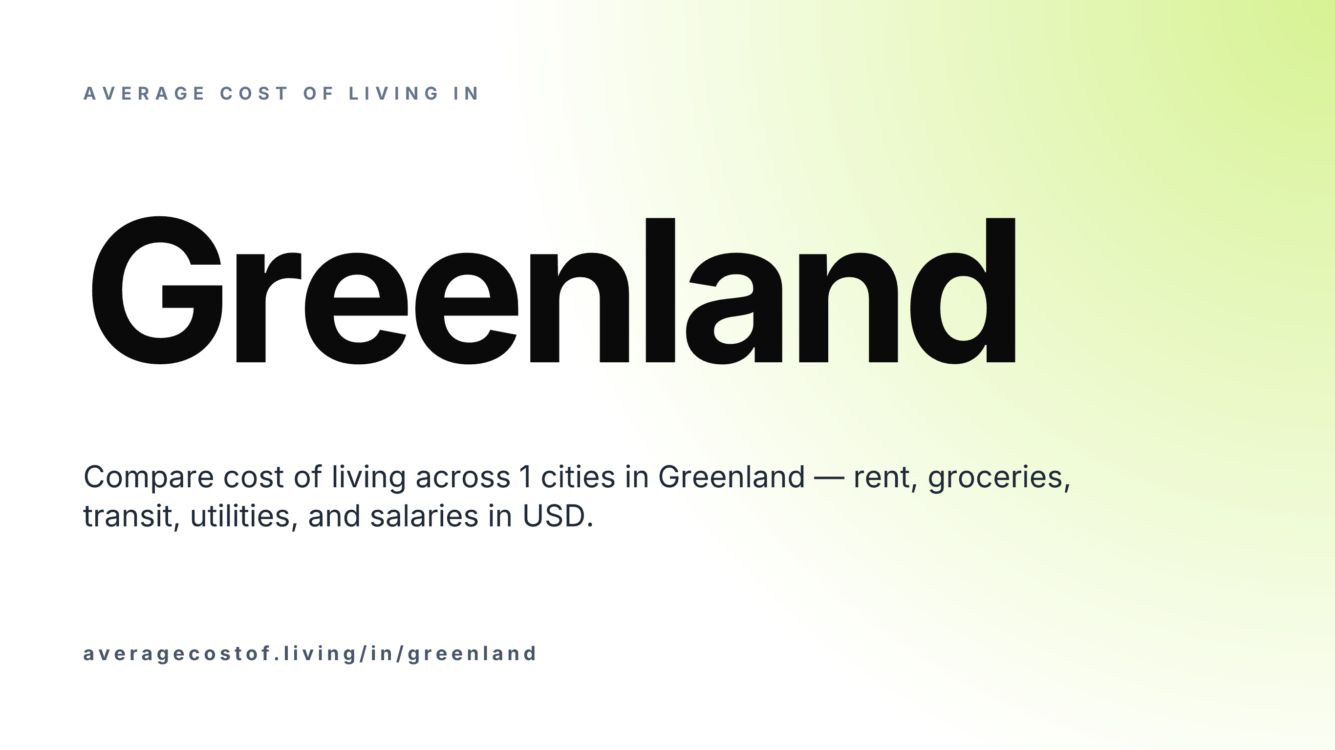 Average cost of living in Greenland — 1 cities compared on rent, groceries, transport, and salaries in USD.
