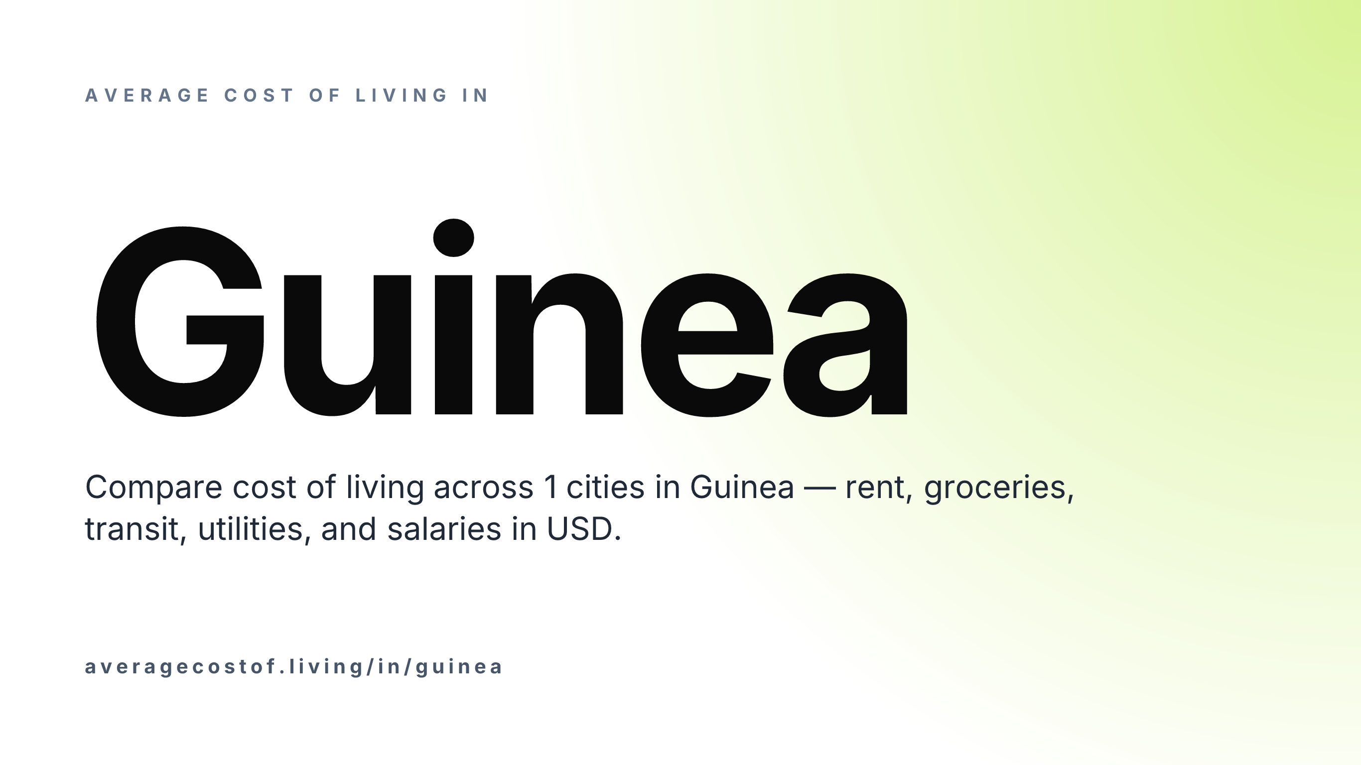 Average cost of living in Guinea — 1 cities compared on rent, groceries, transport, and salaries in USD.