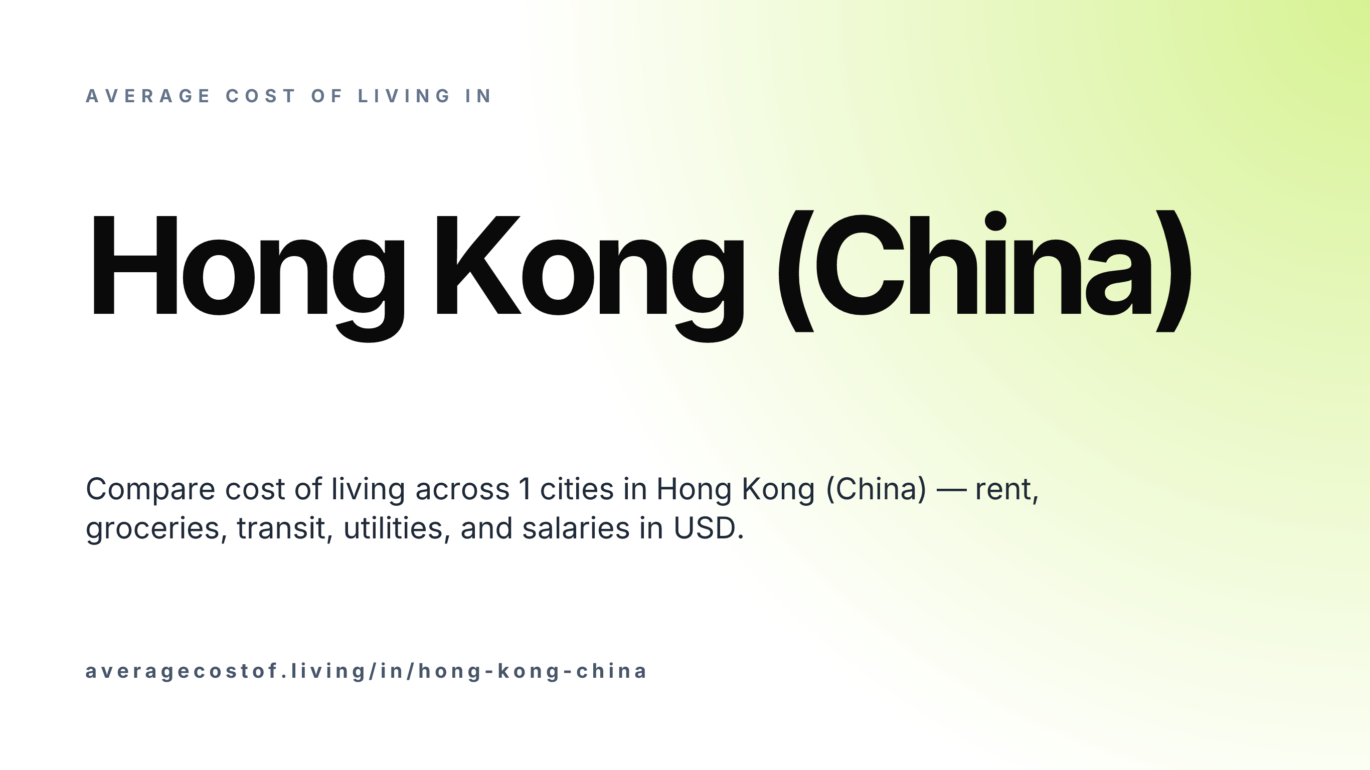 Average cost of living in Hong Kong (China) — 1 cities compared on rent, groceries, transport, and salaries in USD.
