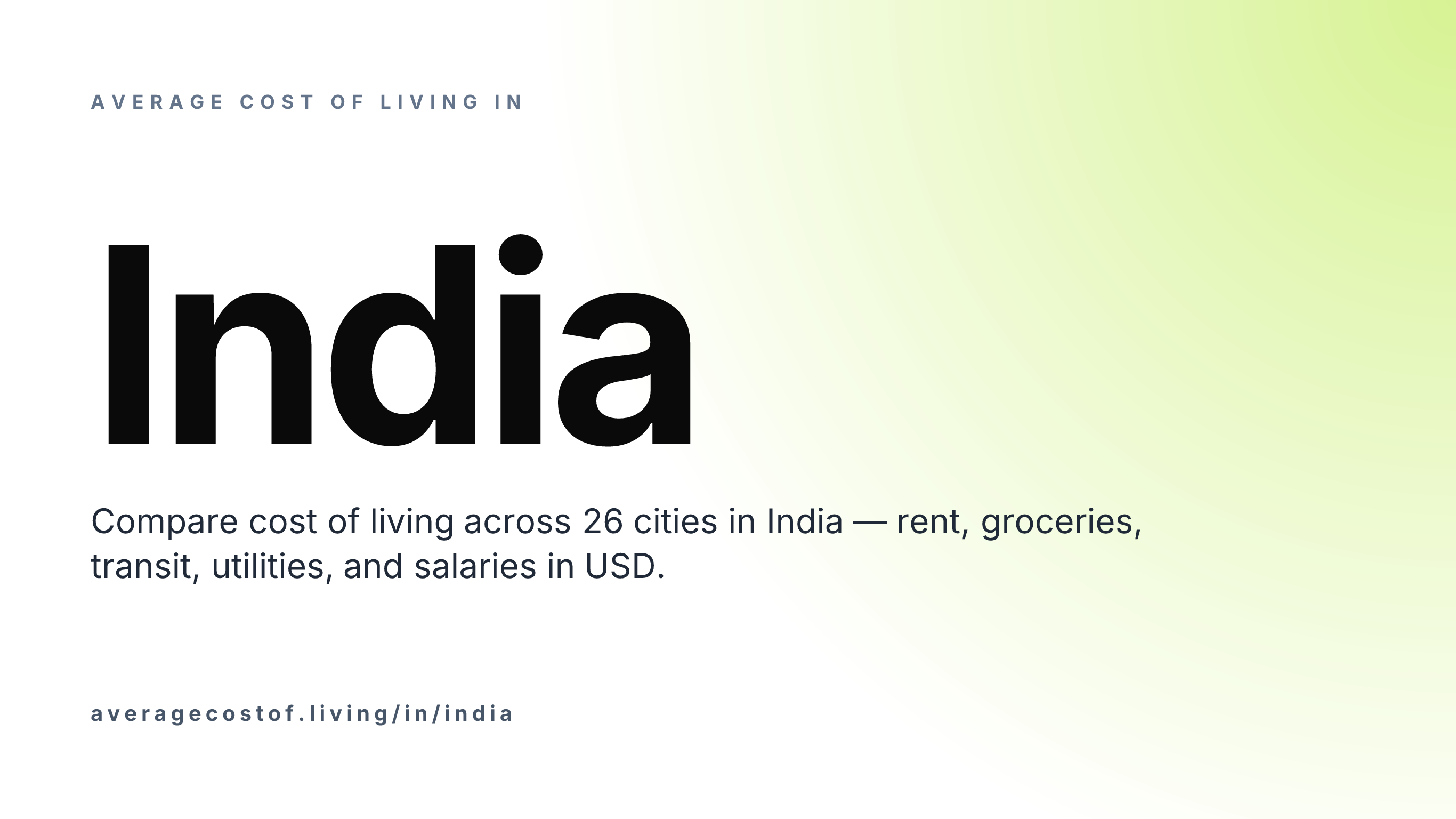 Average cost of living in India — 26 cities compared on rent, groceries, transport, and salaries in USD.