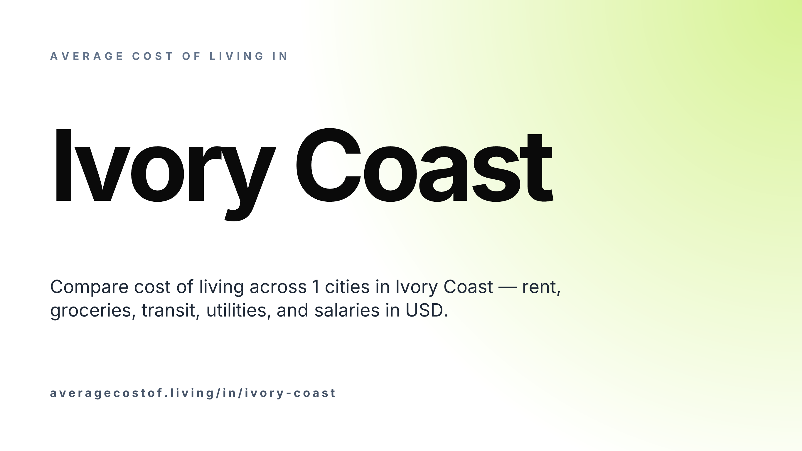 Average cost of living in Ivory Coast — 1 cities compared on rent, groceries, transport, and salaries in USD.