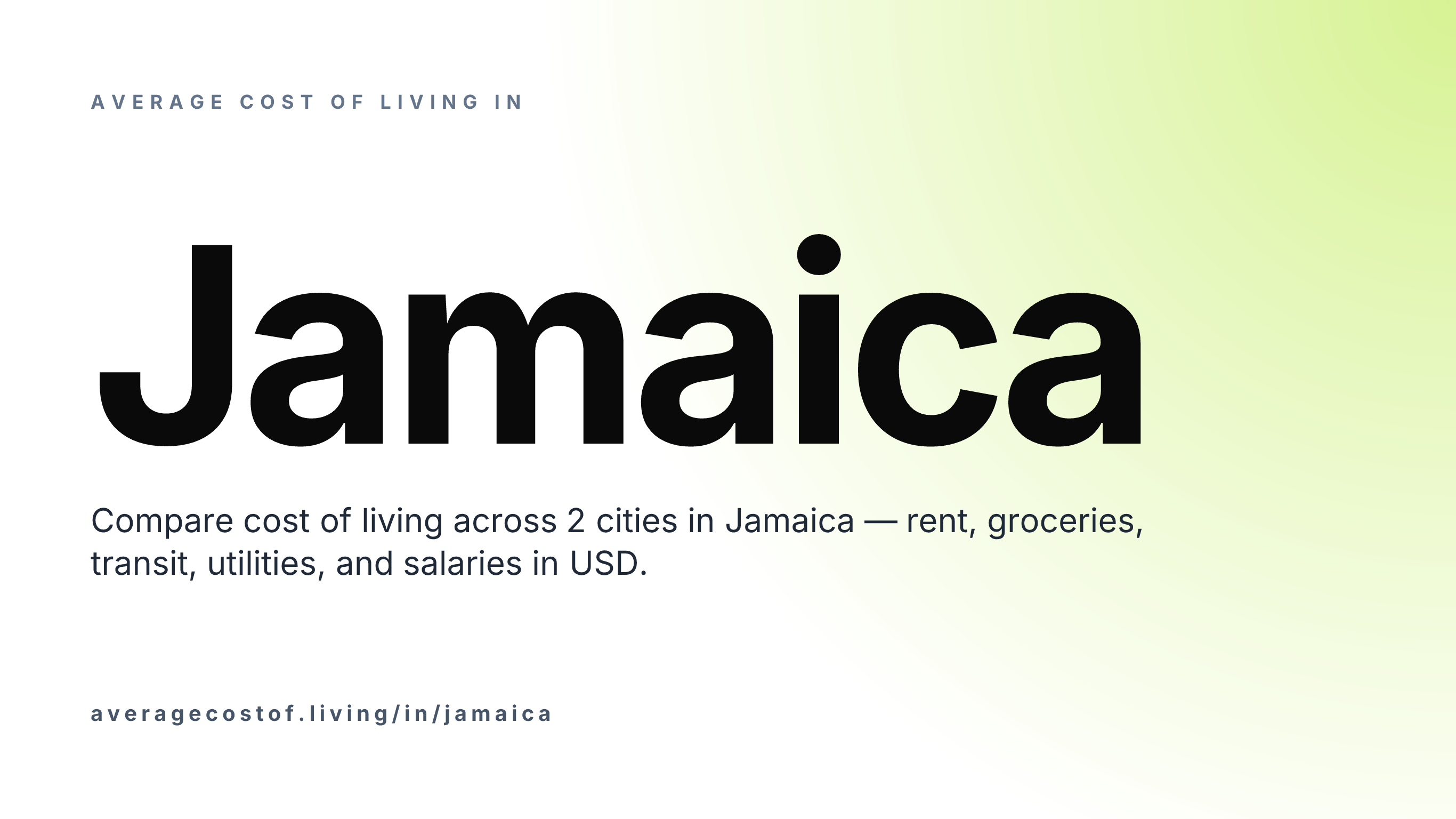 Average cost of living in Jamaica — 2 cities compared on rent, groceries, transport, and salaries in USD.