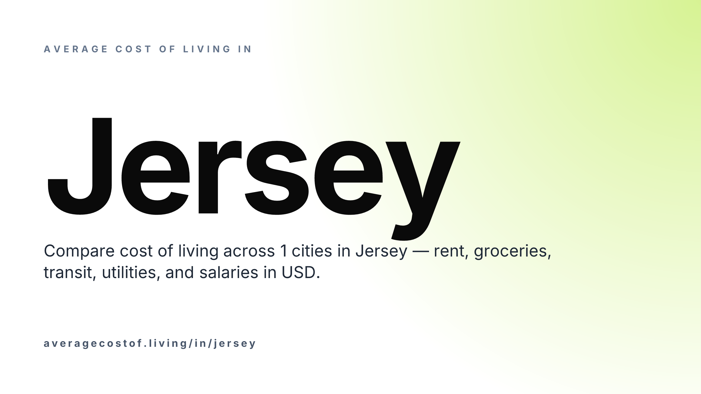 Average cost of living in Jersey — 1 cities compared on rent, groceries, transport, and salaries in USD.